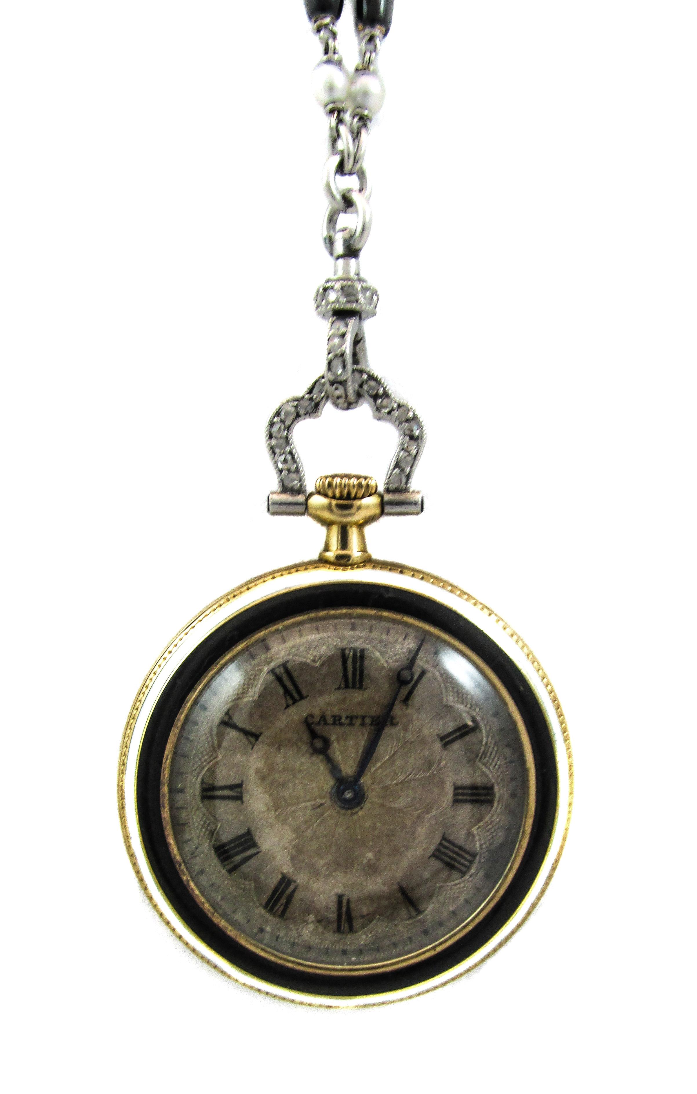 Cartier Platinum Yellow Gold Diamond Black Enamel Pendant Watch Necklace In Good Condition For Sale In New York, NY