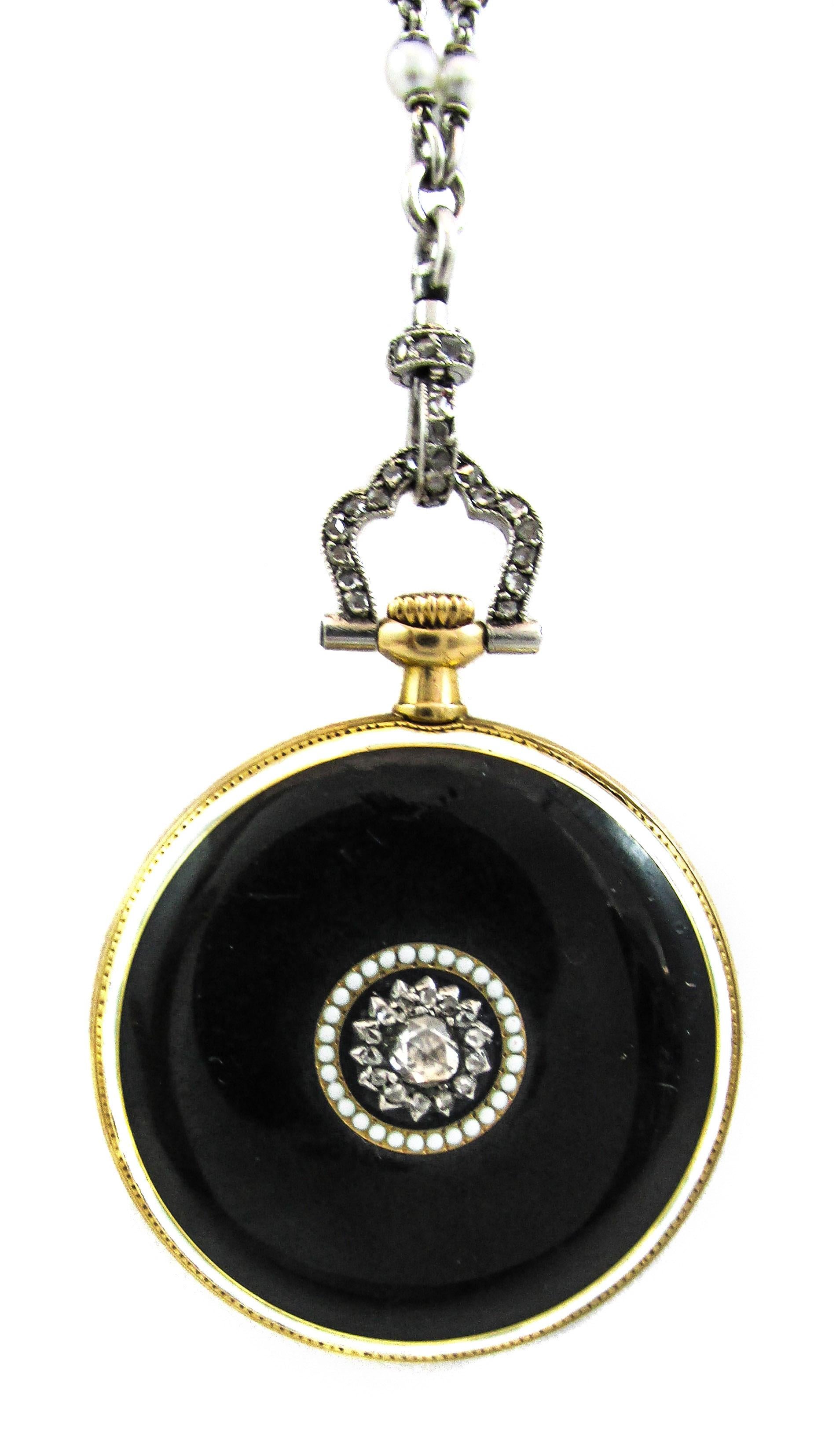 Women's or Men's Cartier Platinum Yellow Gold Diamond Black Enamel Pendant Watch Necklace For Sale
