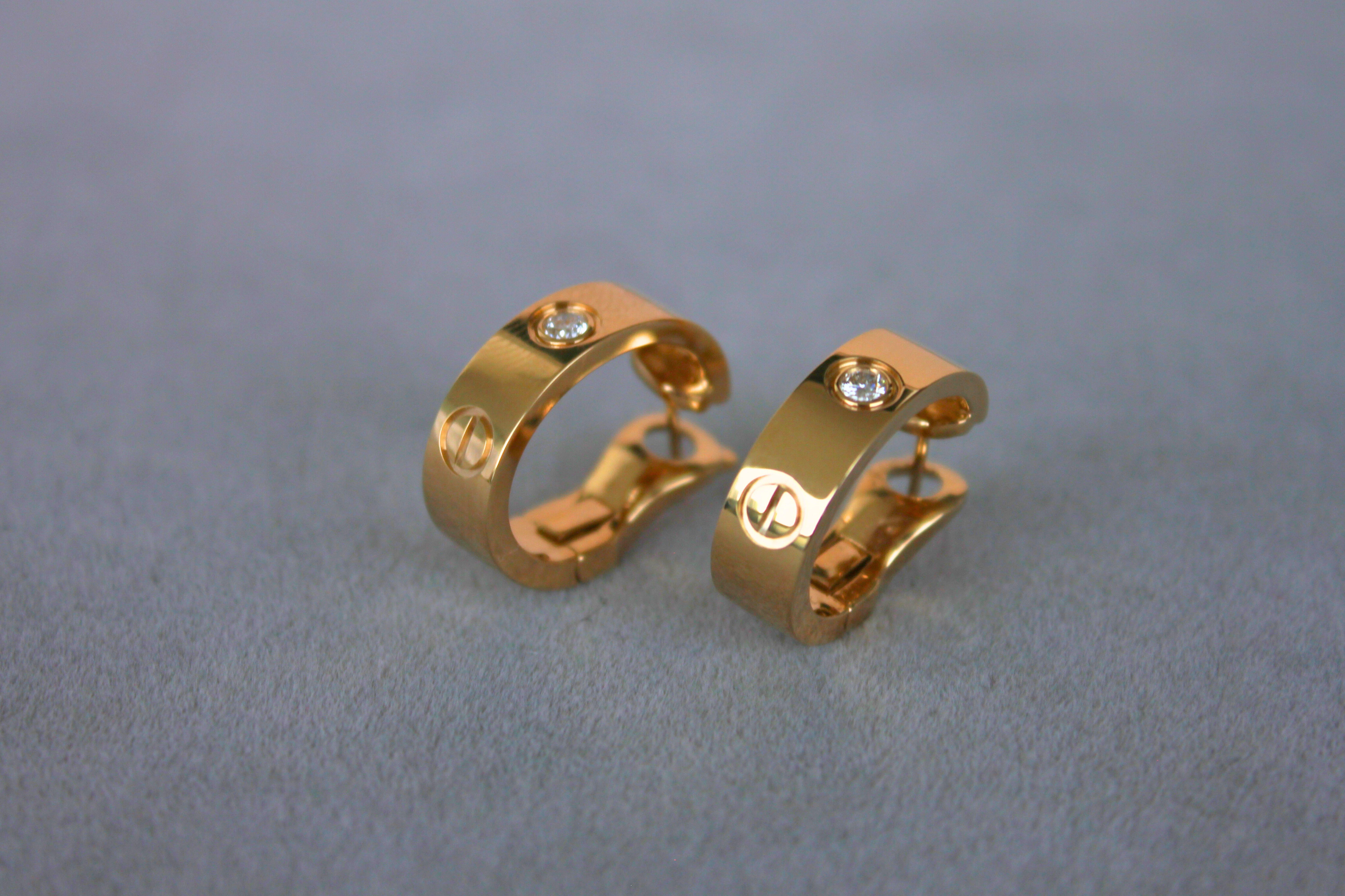 Cartier Pre-Owned Love Diamond Bezel 18 Karat Yellow Gold Huggie Hoop Earrings For Sale 5
