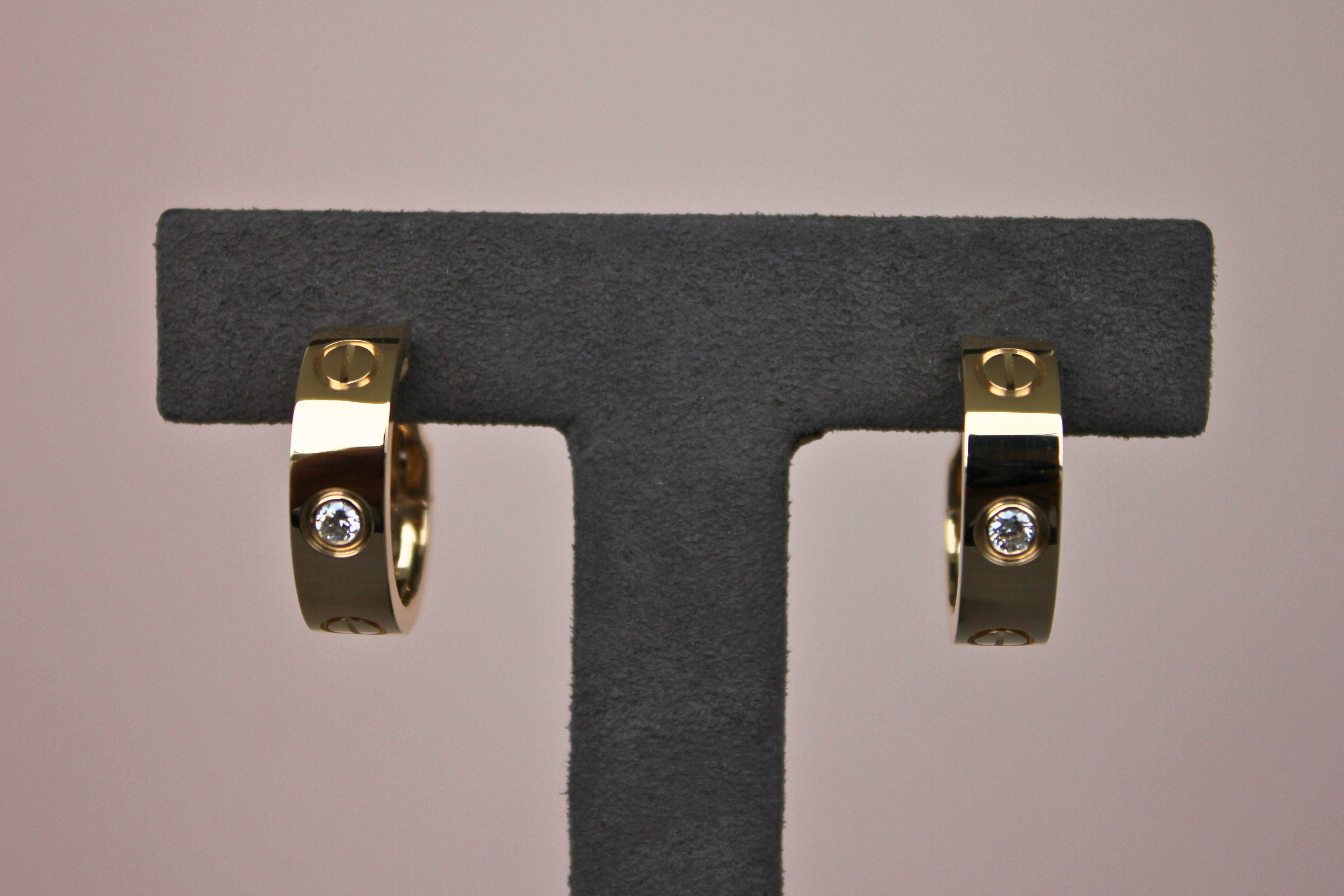 Cartier Pre-Owned Love Diamond Bezel 18 Karat Yellow Gold Huggie Hoop Earrings For Sale 7