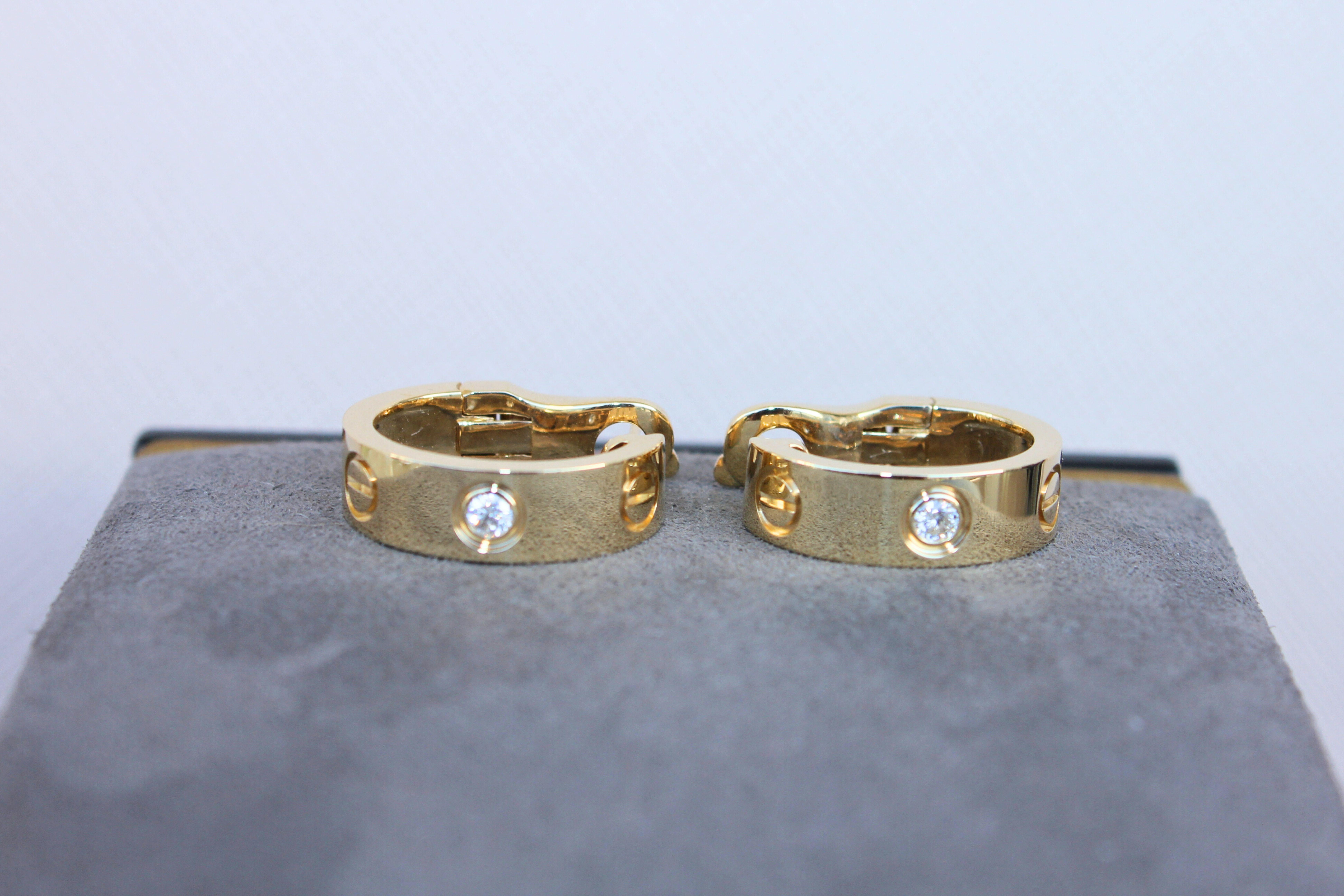 Cartier Pre-Owned Love Diamond Bezel 18 Karat Yellow Gold Huggie Hoop Earrings For Sale 10