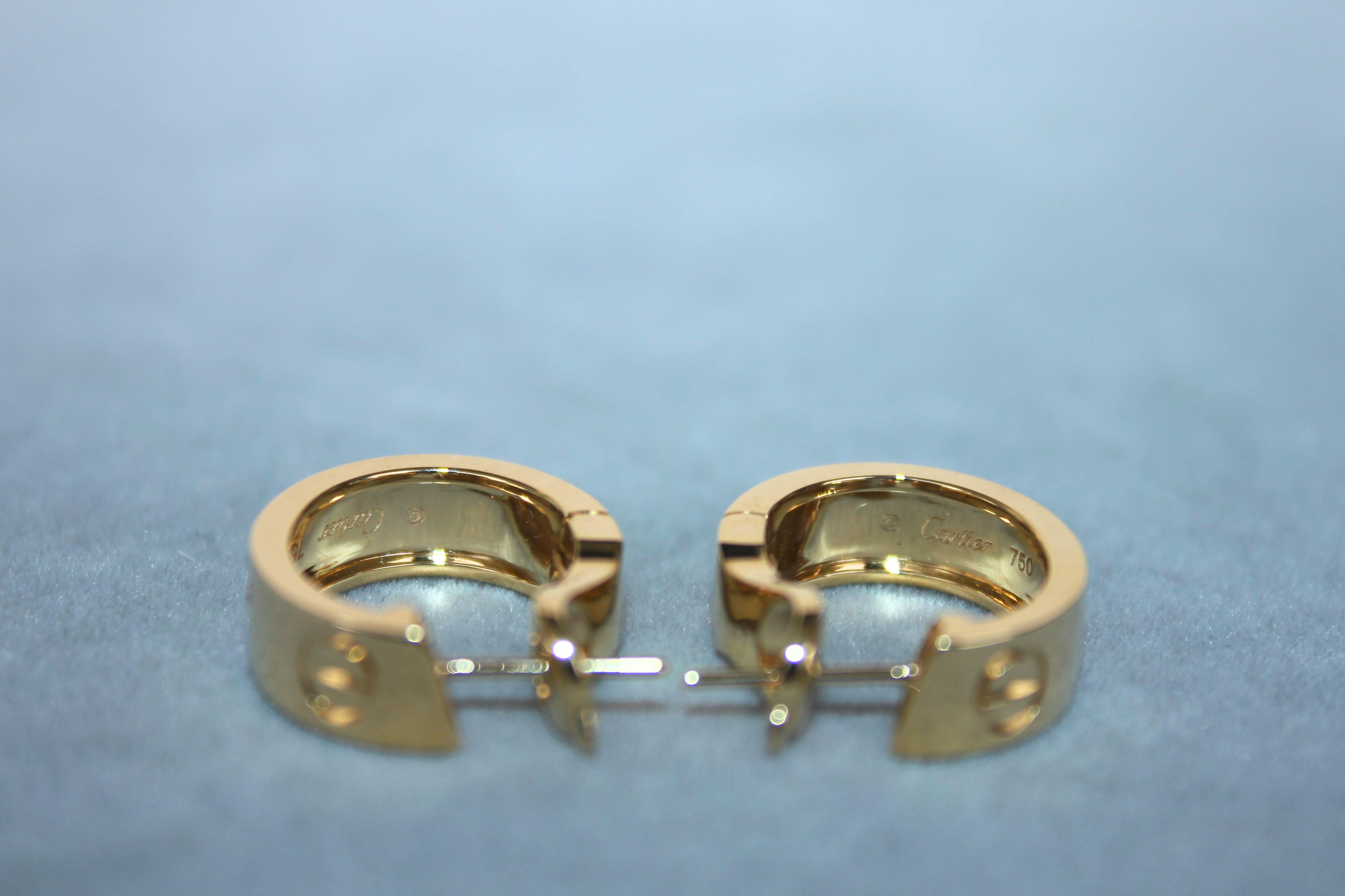 Cartier Pre-Owned Love Diamond Bezel 18 Karat Yellow Gold Huggie Hoop Earrings For Sale 1