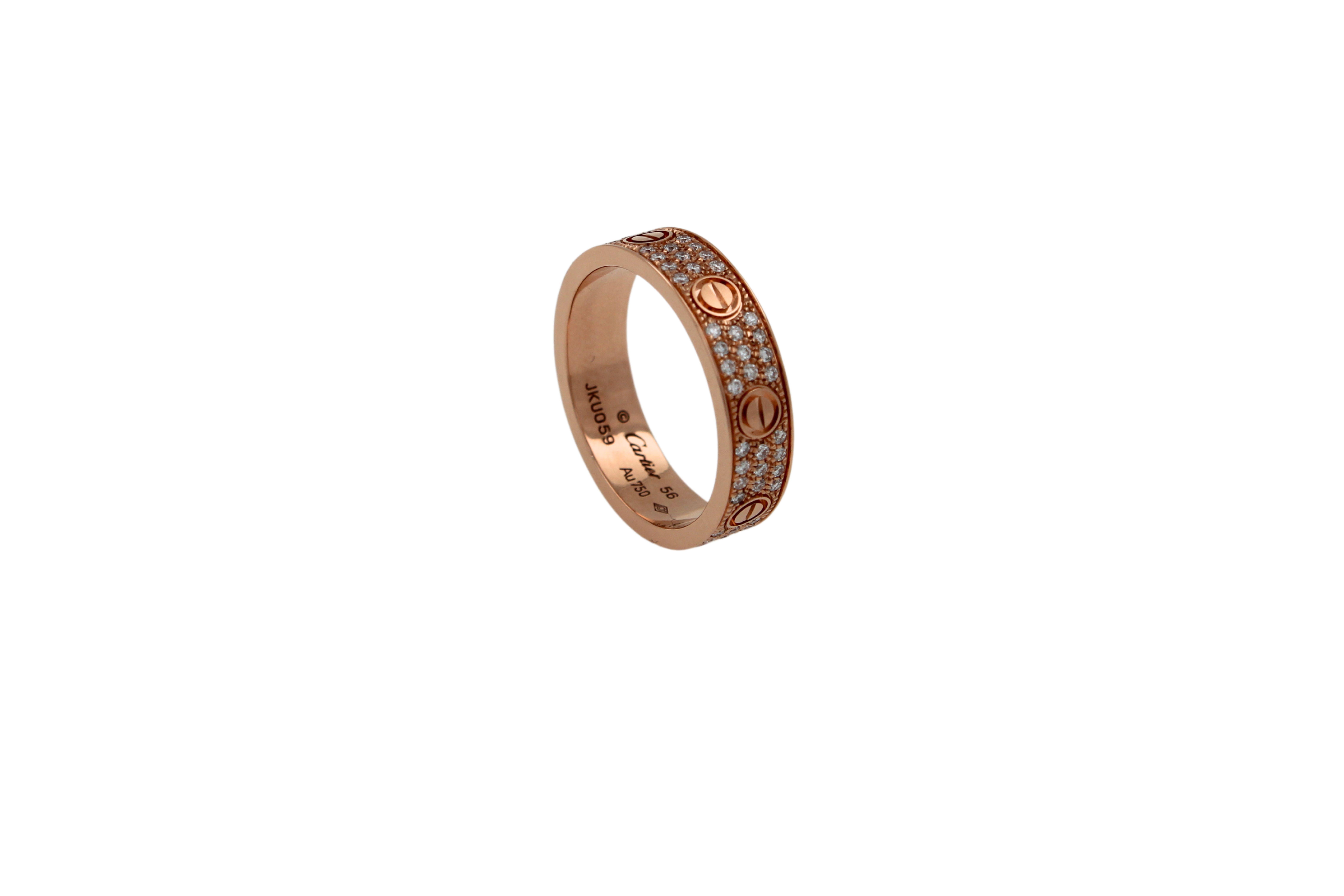 Round Cut Cartier Pre-Owned Love Diamond Paved Bezel 18 Karat Rose Gold Pave Band Ring