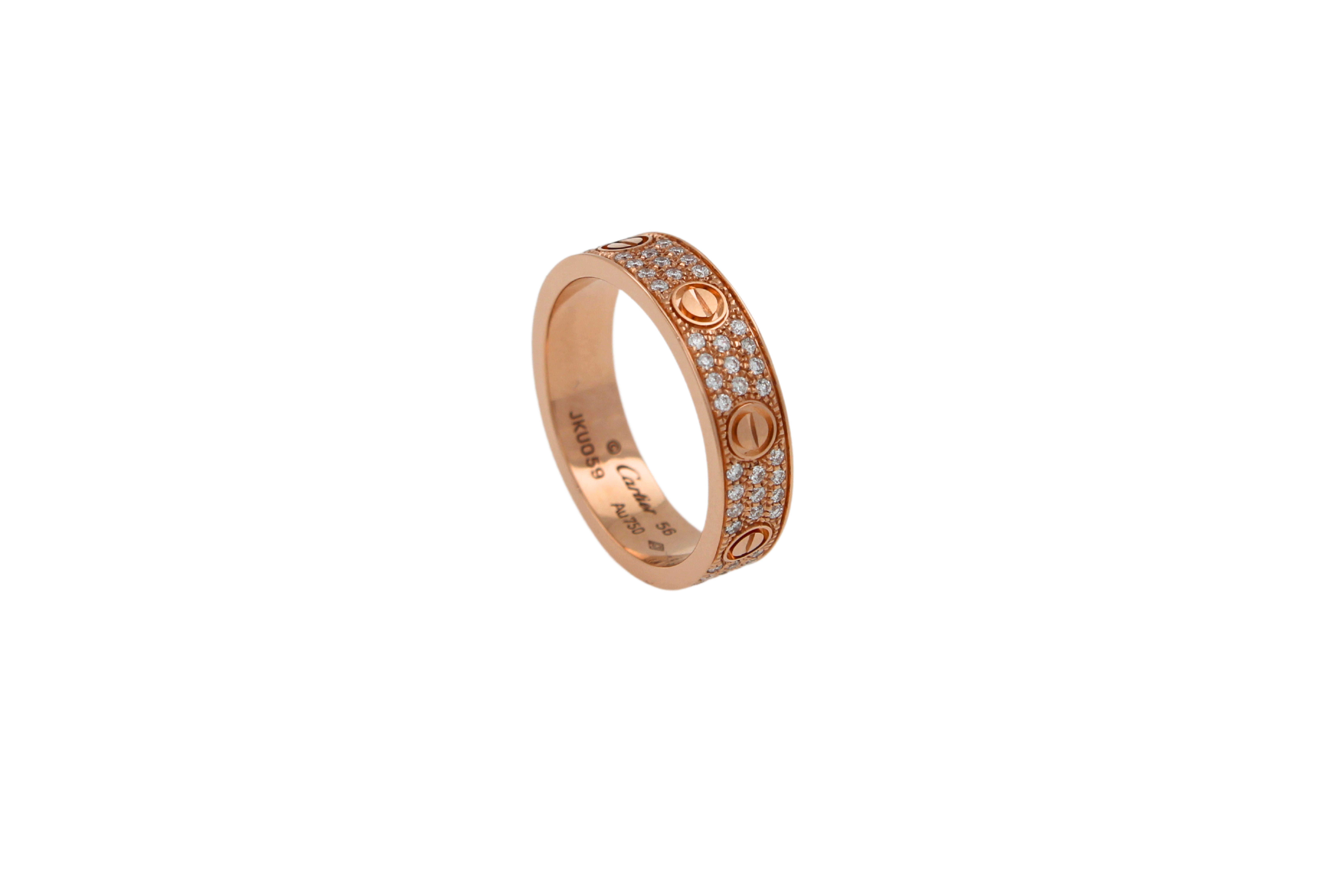 Women's or Men's Cartier Pre-Owned Love Diamond Paved Bezel 18 Karat Rose Gold Pave Band Ring