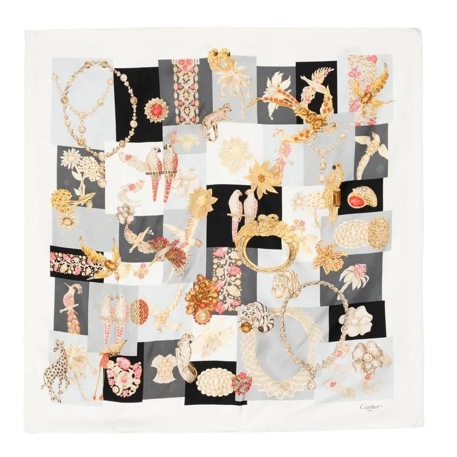 Beige Cartier precious flora and fauna motif scarf  For Sale