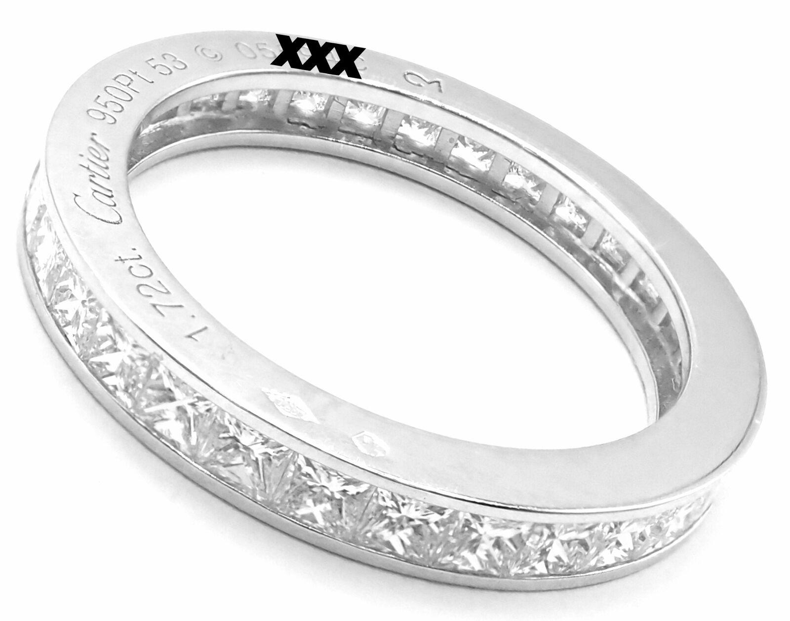 Platinum Princess Cut Diamond Eternity Band Ring by Cartier.
With 32 round brilliant cut diamonds VVS1 clarity, E color total weight approximately 1.72ct 
This ring comes with Cartier box and a Cartier service paper.
Details:
Ring Size: European 53,