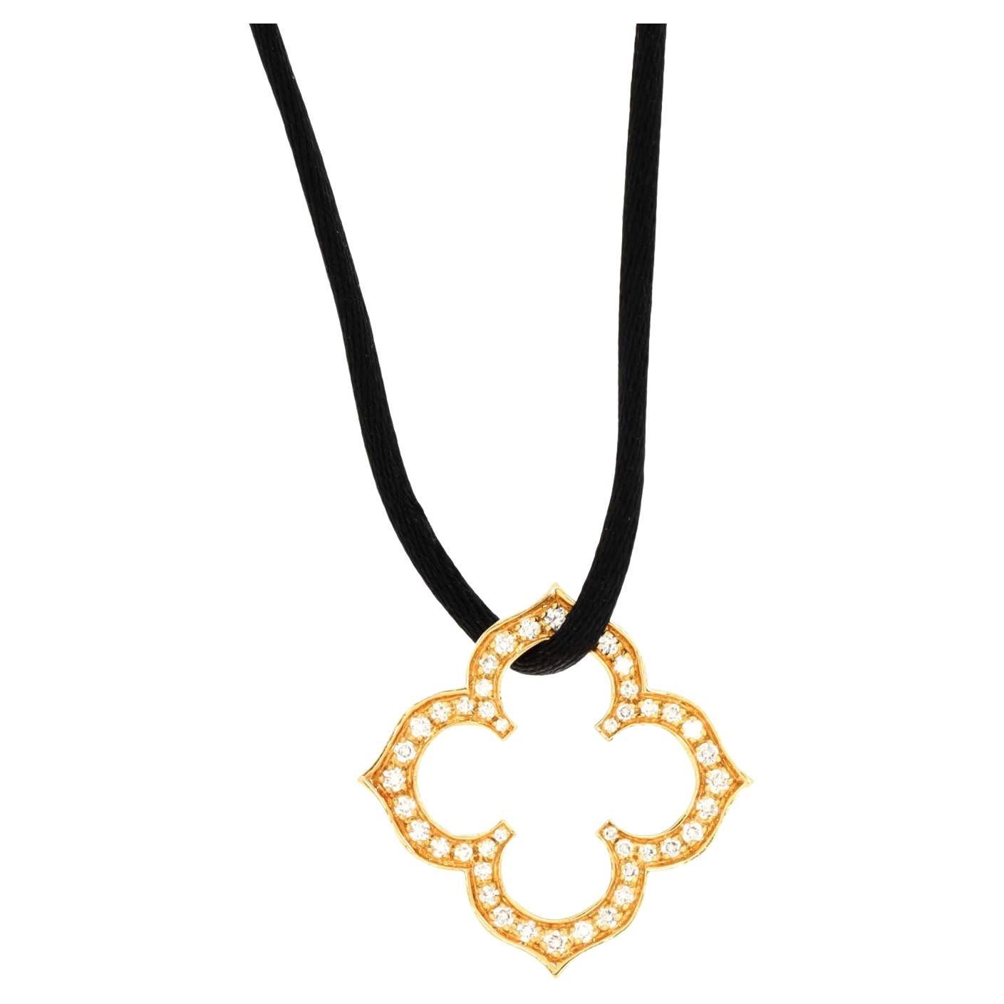 Cartier Quatrefoil Pendant Necklace 18K Yellow Gold with Diamonds and Satin For Sale