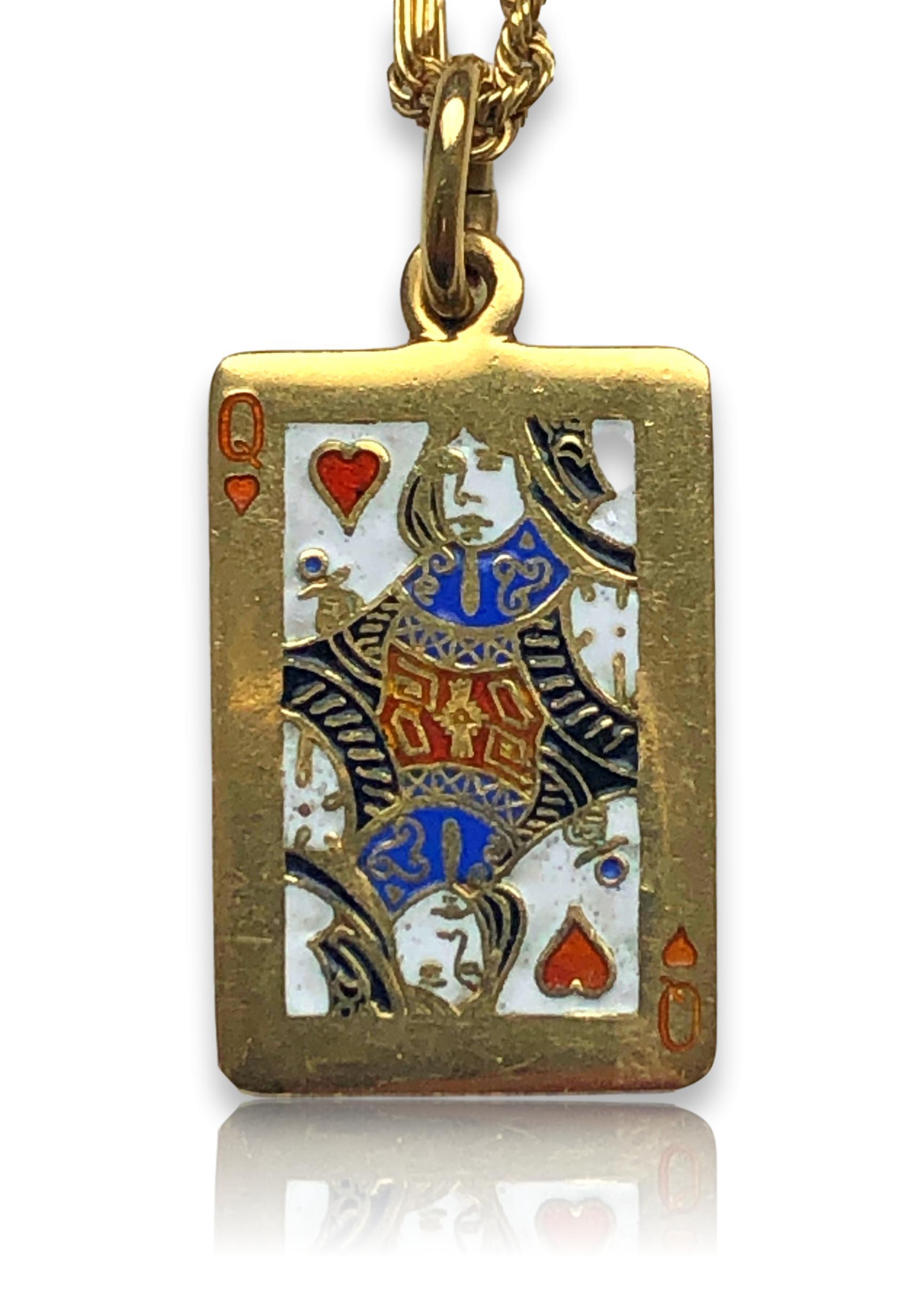 70's Queen of Hearts pendant/charm by Cartier. The 18k Yellow gold and colored enamel 1