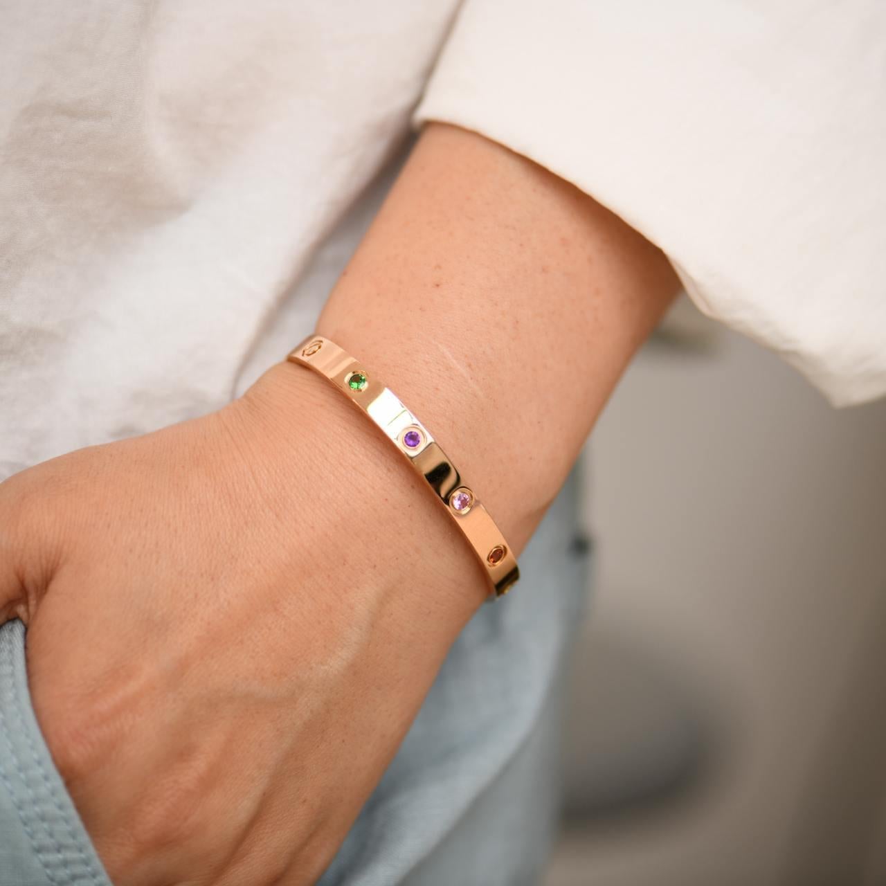 Brilliant Cut Cartier Rainbow Multi Gem 18K Rose Gold Love Bracelet Size 17 For Sale