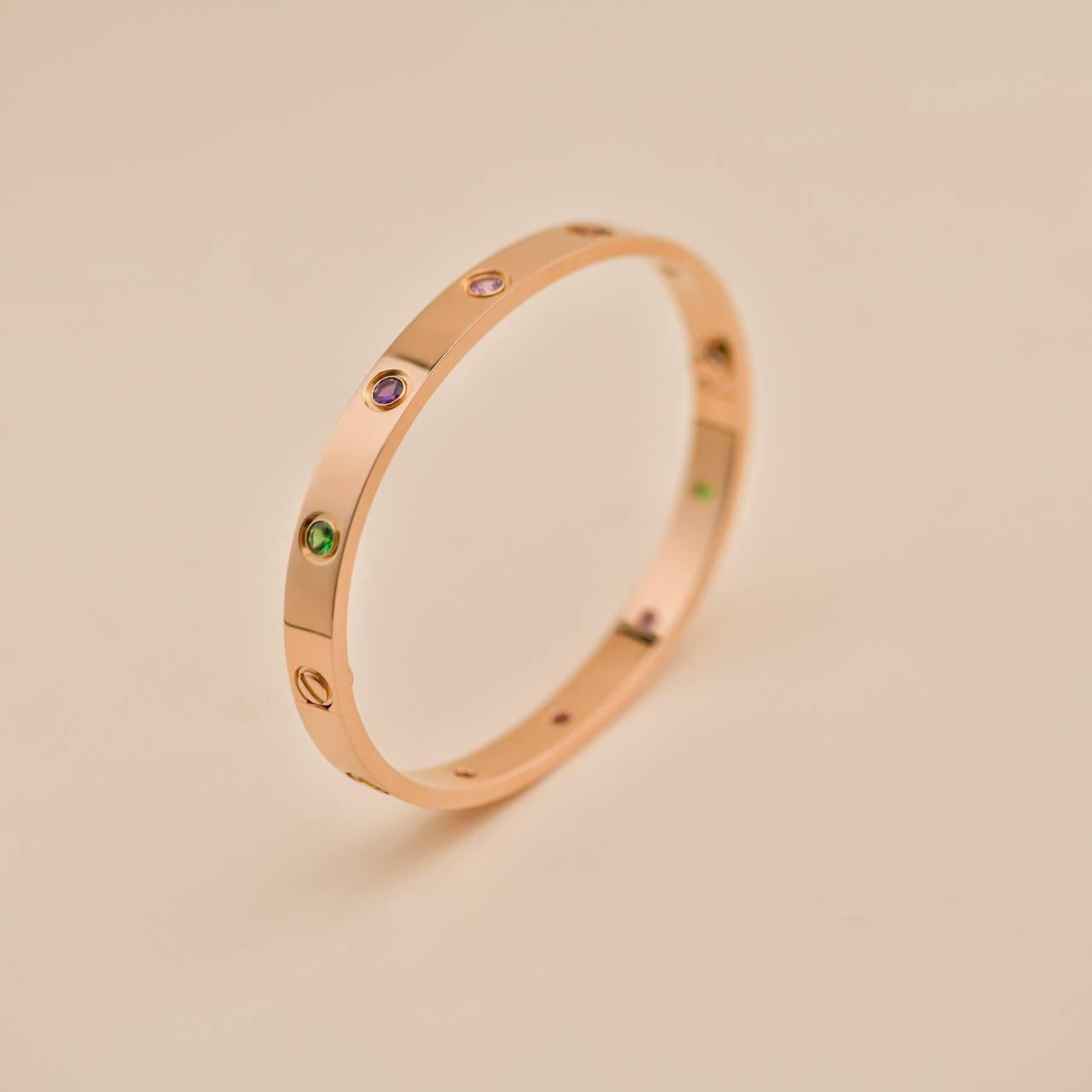 Cartier Rainbow Multi Gem 18K Rose Gold Love Bracelet Size 17 In Excellent Condition For Sale In Banbury, GB