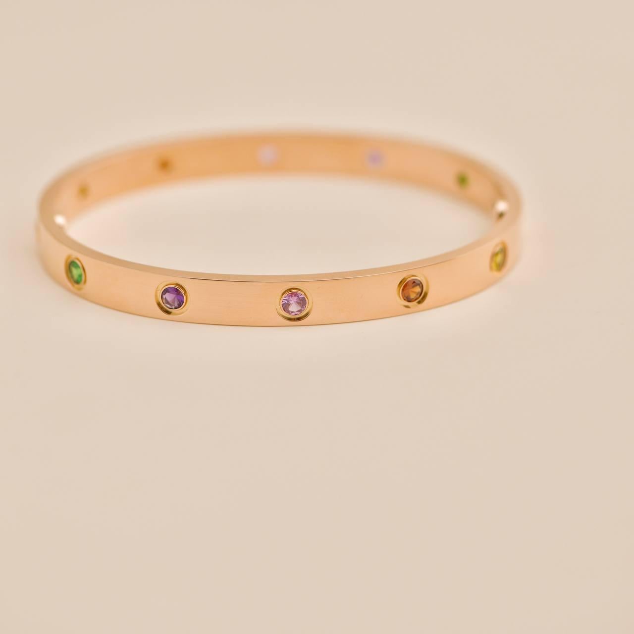 Cartier Rainbow Multi Gem 18K Rose Gold Love Bracelet Size 17 For Sale 1