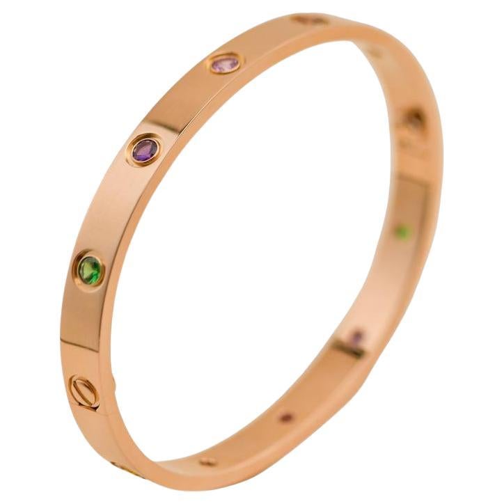 Cartier Rainbow Multi Gem 18K Rose Gold Love Bracelet Size 17 For Sale
