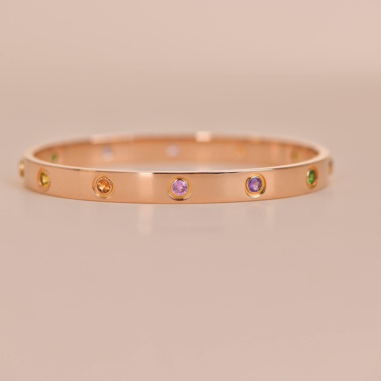 Cartier Rainbow Multi-Gem 18K Rose Gold Love Bracelet Size 18 In Excellent Condition In Banbury, GB