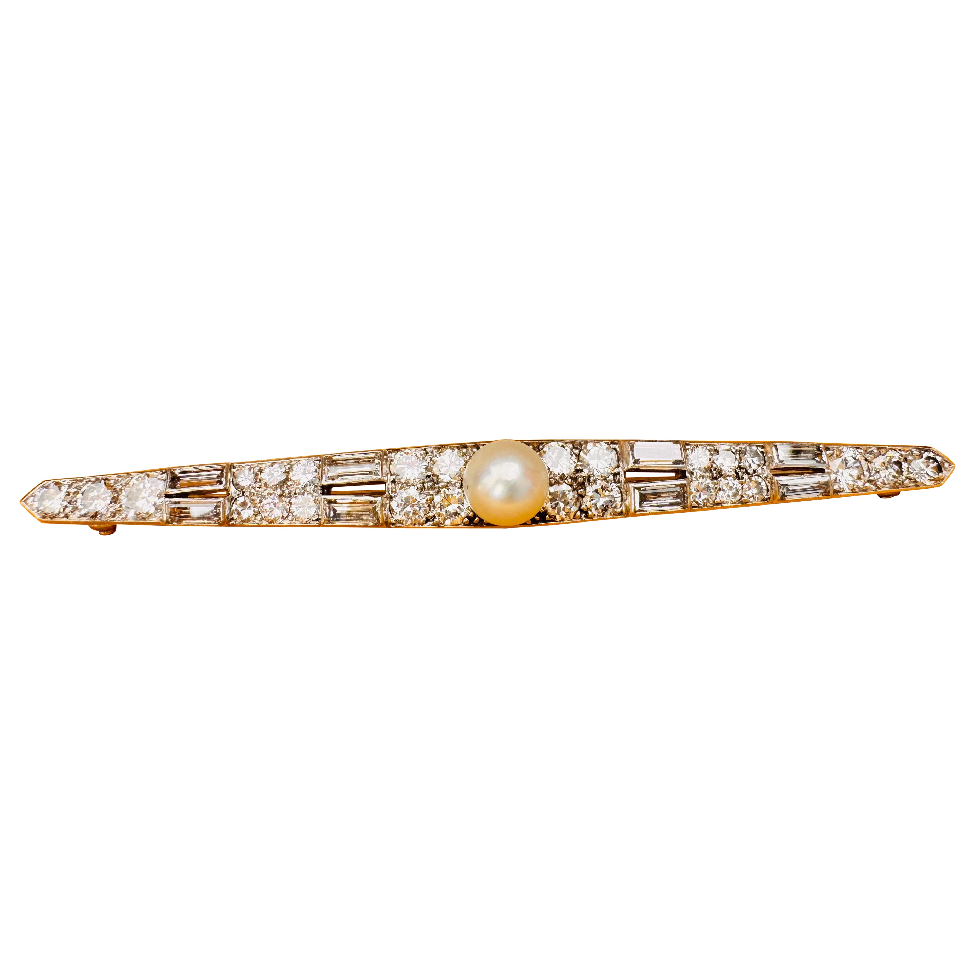 Cartier rare Art Deco diamond and pearl bar brooch