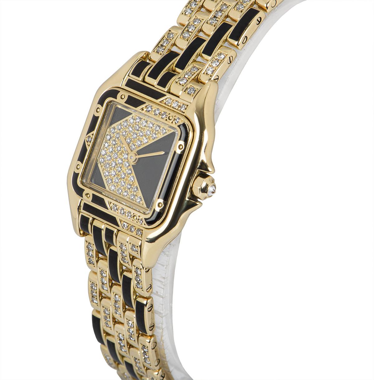 A 22 mm Very Rare 18k Yellow Gold Art Deco Diamond & Enamel Set Panthere Ladies Wristwatch, pavé diamond and black enamel set dial, a fixed 18k yellow gold bezel set with 9 round brilliant cut diamonds and enamel, an 18k yellow gold crown set with a