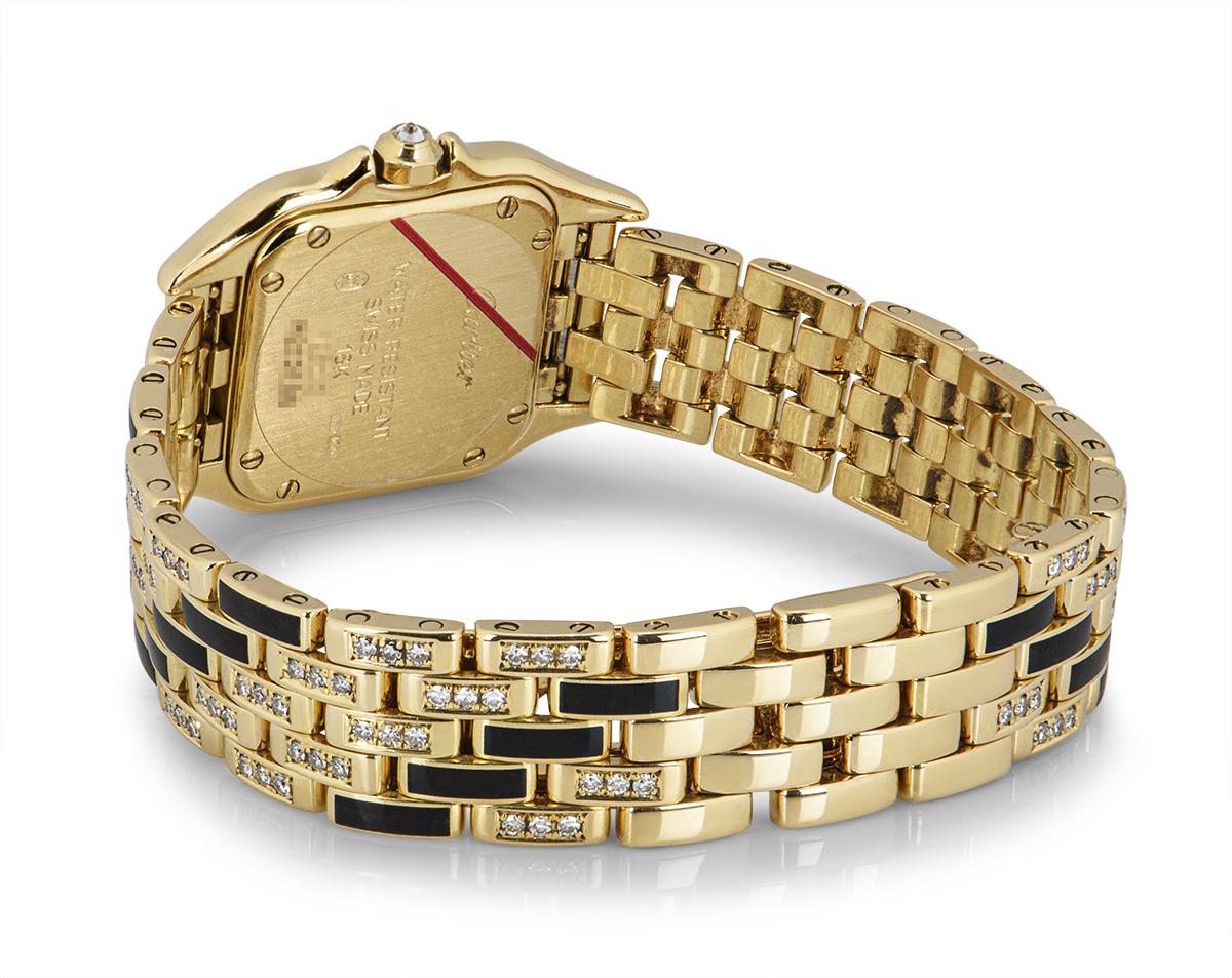 Round Cut Cartier Rare Art Deco Panthere Ladies 18k Yellow Gold Diamond & Enamel Set Dial