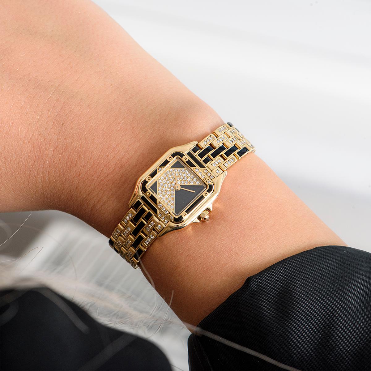 Cartier Rare Art Deco Panthere Ladies 18k Yellow Gold Diamond & Enamel Set Dial In Excellent Condition In Mayfair, London, London