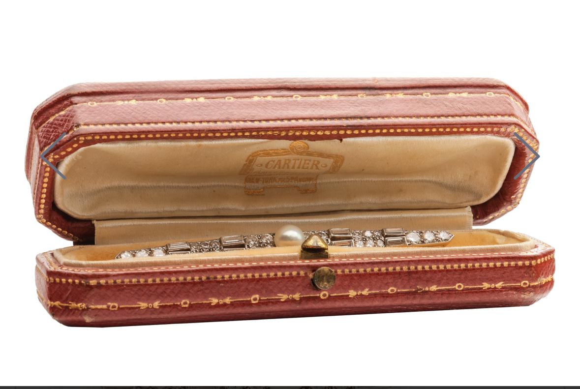 Old Mine Cut Cartier rare Art well careful cause if you go Deco diamond and pearl bar brooch For Sale
