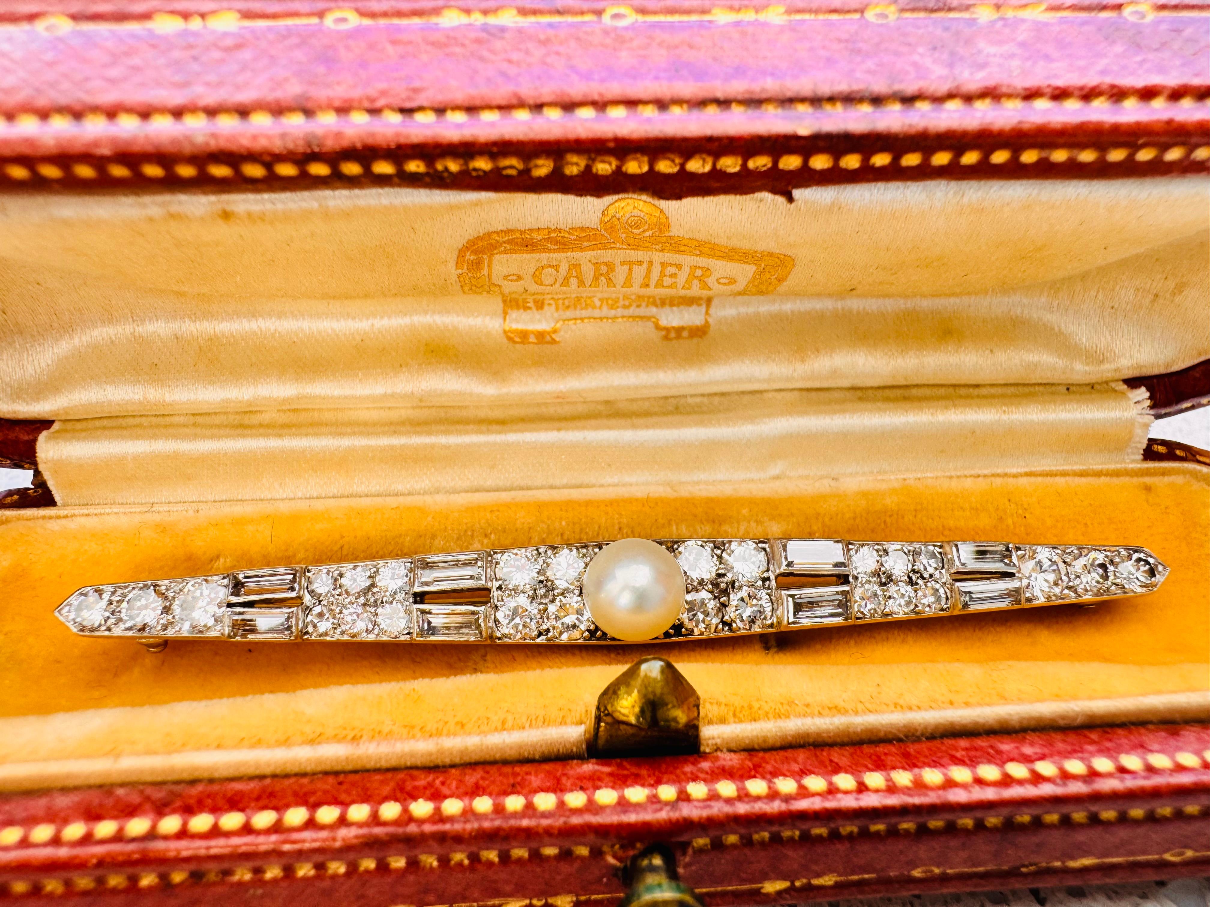 Cartier rare Art well careful cause if you go Deco diamond and pearl bar brooch For Sale