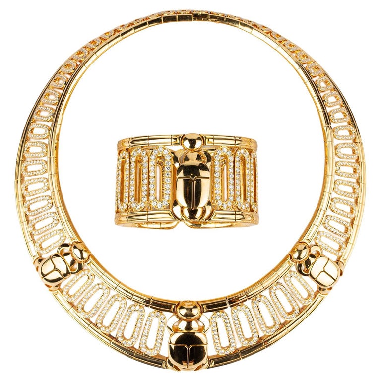 Cartier Rare Egyptian Revival Gold Diamond Set For Sale