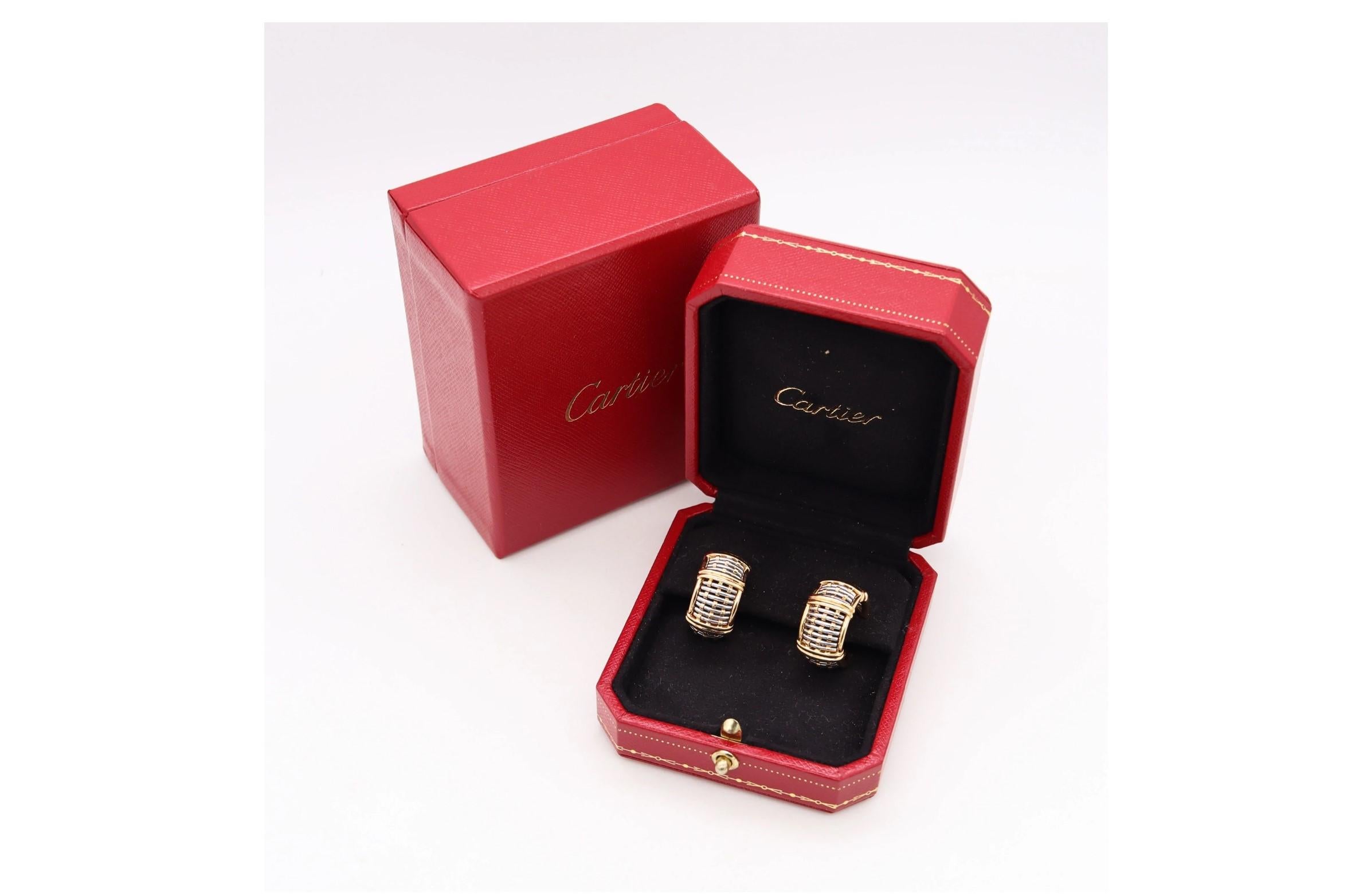 Brilliant Cut Cartier Rare Hoop Earrings in Two Tones 18Kt Yellow Gold with 24 VVS Diamonds