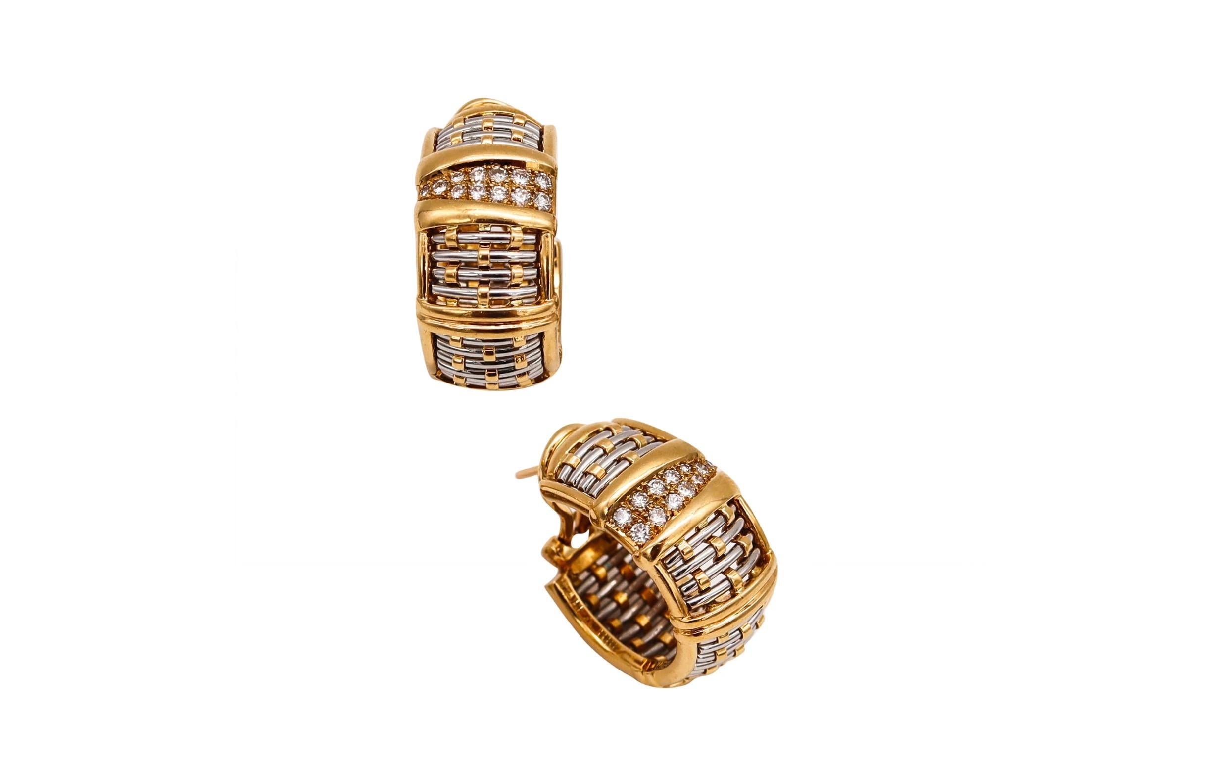 Cartier Rare Hoop Earrings in Two Tones 18Kt Yellow Gold with 24 VVS Diamonds In Excellent Condition In Miami, FL
