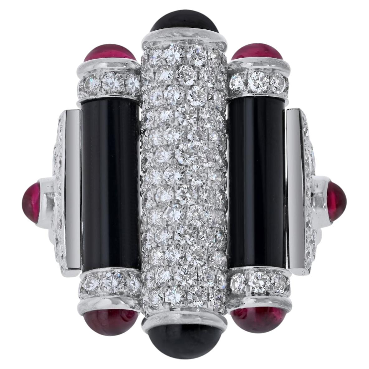 Cartier Rare Rouleaux 18K White Gold Onyx, Ruby And Diamond Ring