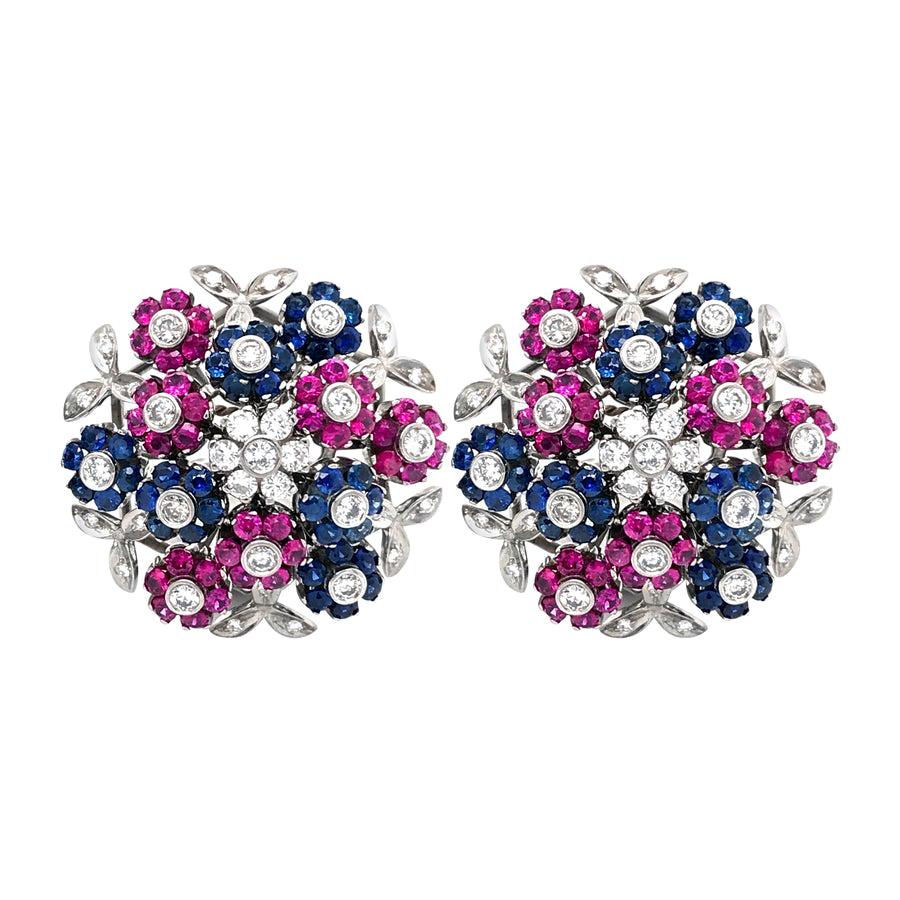Cartier Red and Blue Sapphire Ruby Diamond En Tremblant Clip-On Earrings