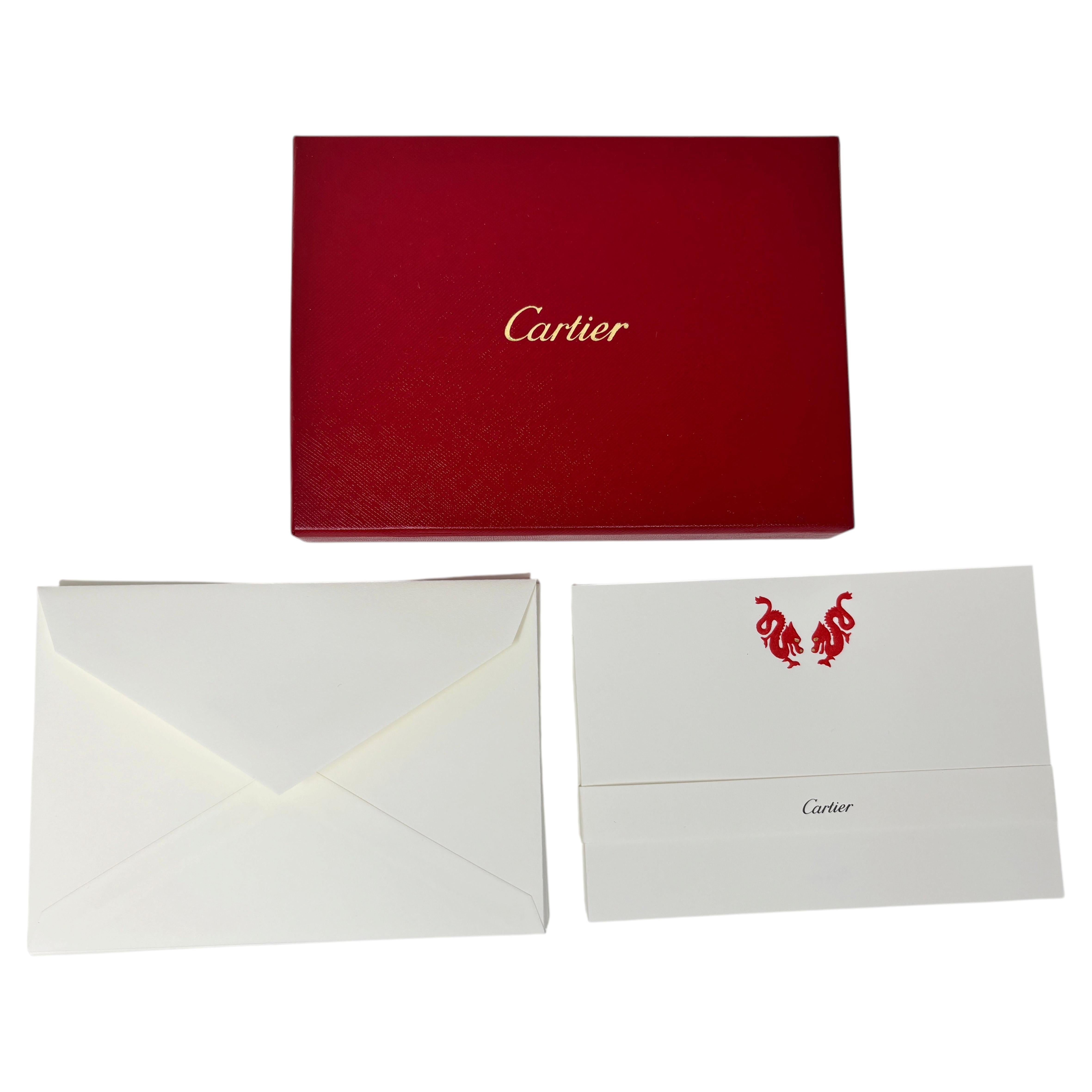 Cartier Red Chinese Dragons Card and Envelope Set in Luxury Box Desk Stationery For Sale