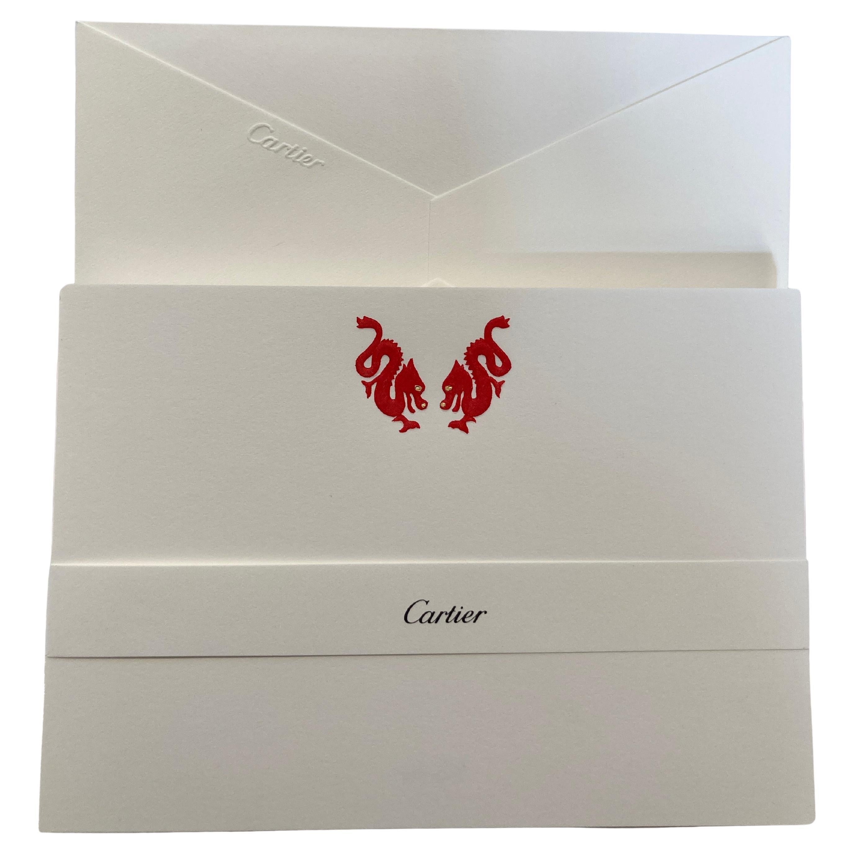 Cartier Red Chinese Dragons Luxury Desk Stationery Card and Envelope Set in Box