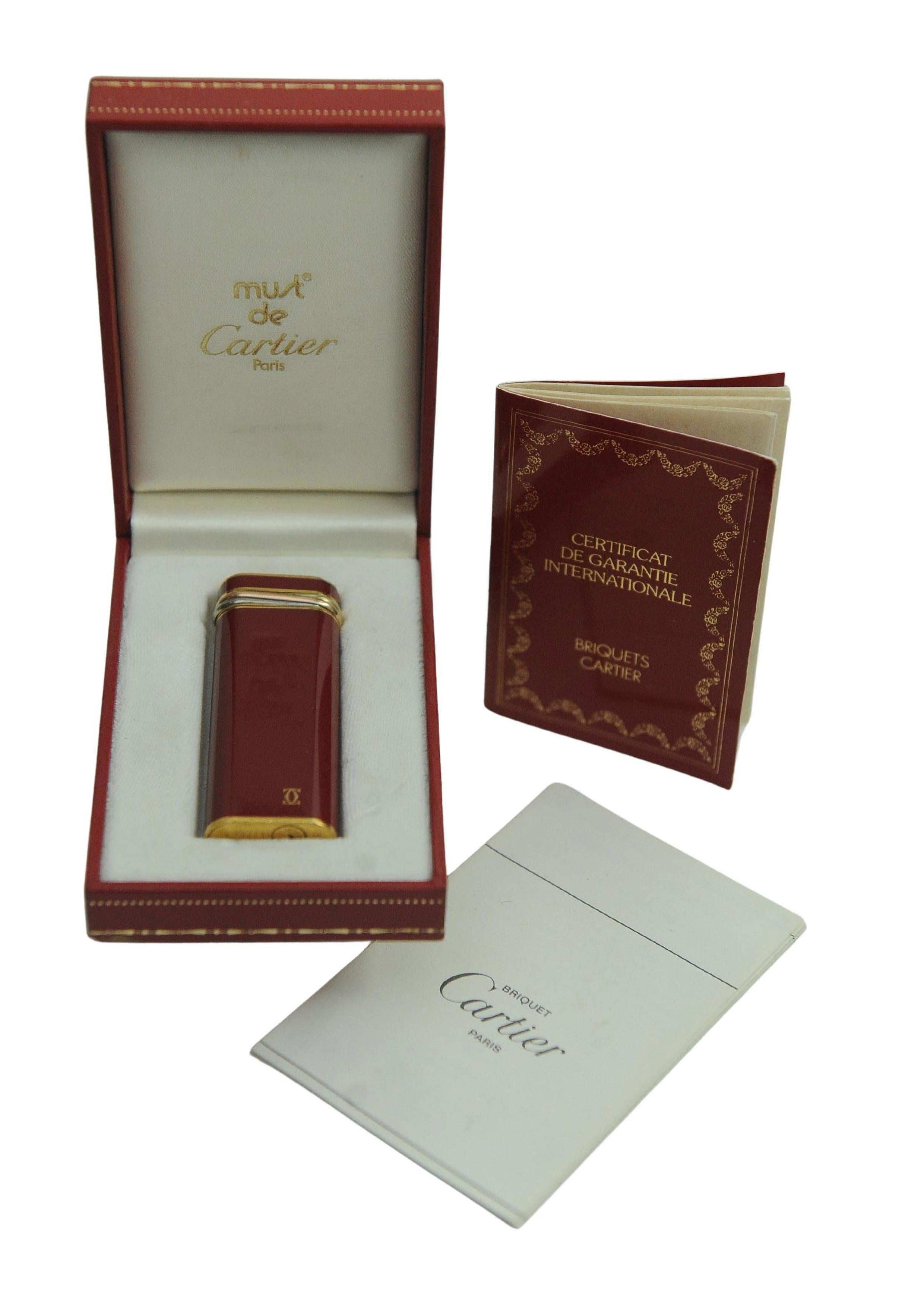 Cartier Red Lacquer 18ct Gold Plated Trinity Cigarette Lighter Box & Guarantee