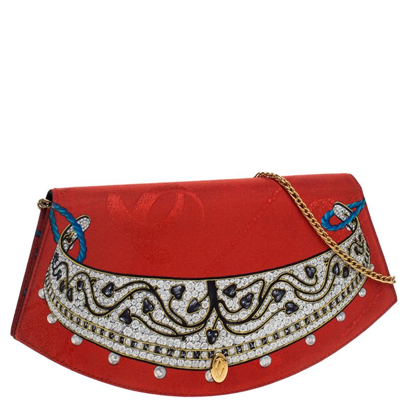 Cartier Red Printed Canvas Chain Clutch In Good Condition In Dubai, Al Qouz 2