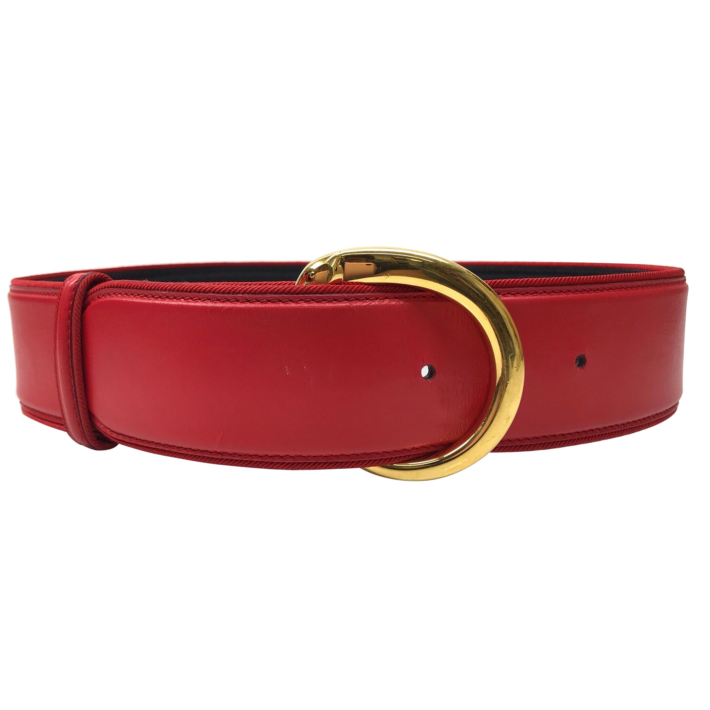 CARTIER Red Thick Belt w/ Gold Jaguar Clasp