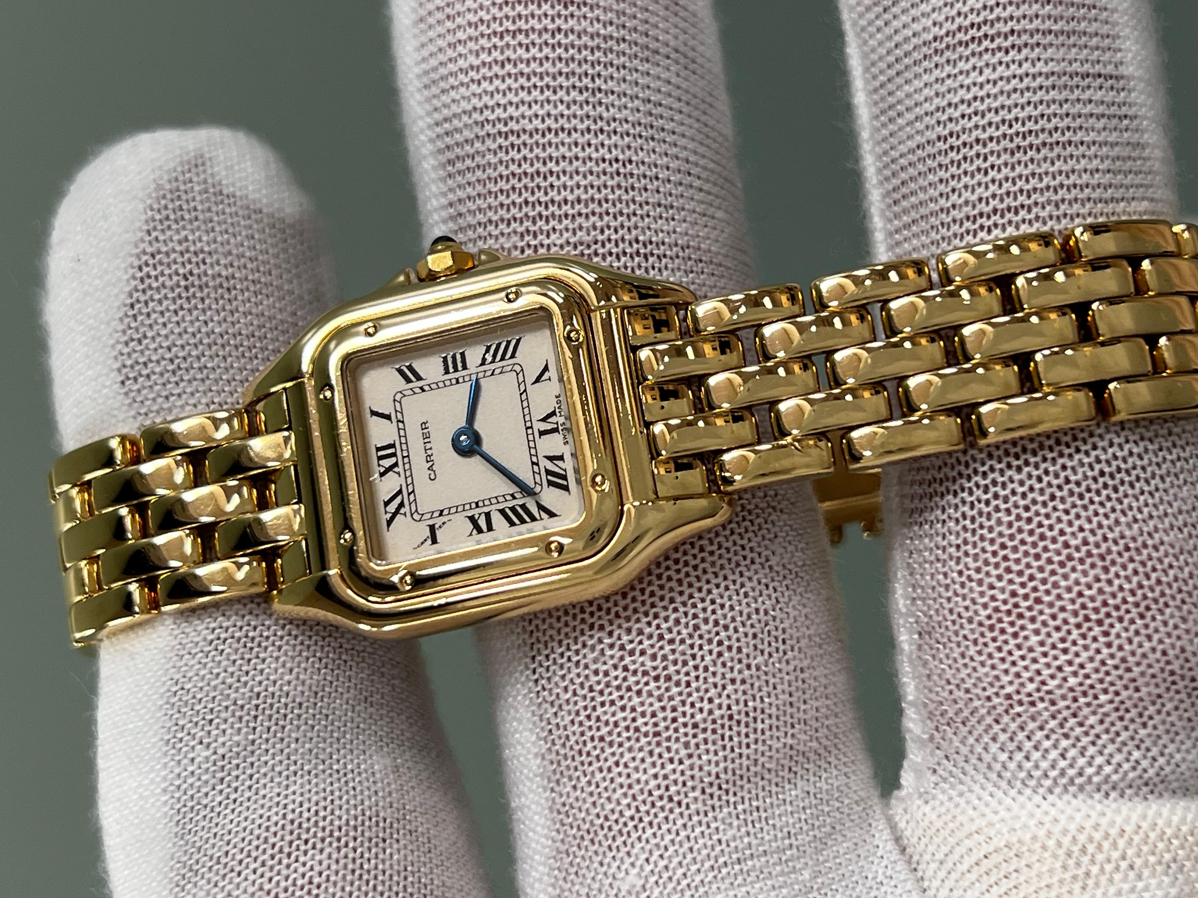Style Number: 1070

 

Model: Panthere de Cartier 

 

Case Material: 18K Yellow Gold 

 

Band:  18K Yellow Gold 

 

Bezel:   18K Yellow Gold 

 

Face: Sapphire Crystal 

 

Case Size: 22mm 

 

Includes: 

-Elegant Watch Box

-Certified