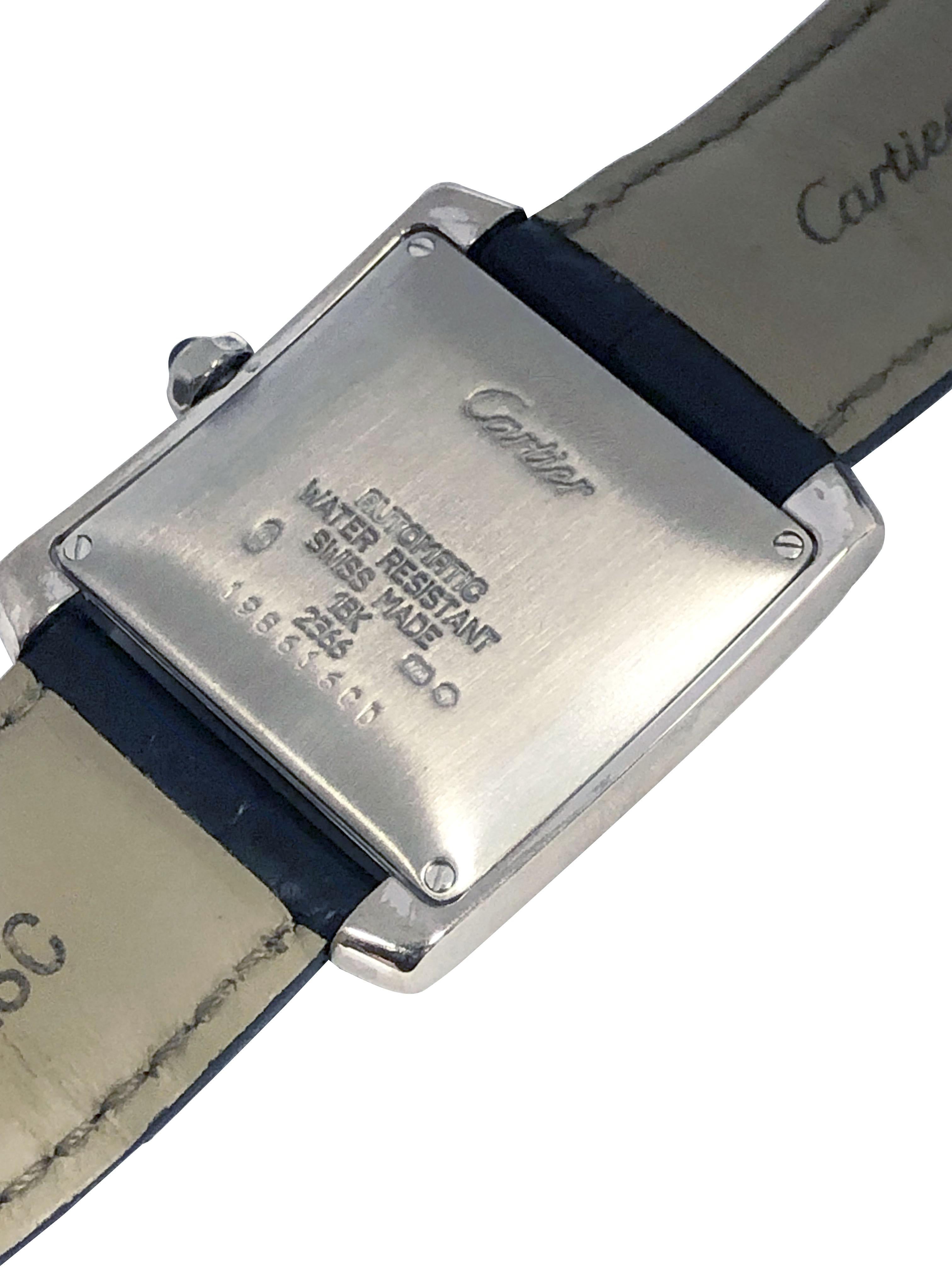 Circa 2012 Cartier Tank Francaise Reference 2366 Mid Size Wrist Watch, 32 x 28 M.M. 18k White Gold 2 piece water resistant case, Sapphire set Crown, Automatic, Self winding movement, silver Engine turned dial with Black Roman Numerals, sweep seconds