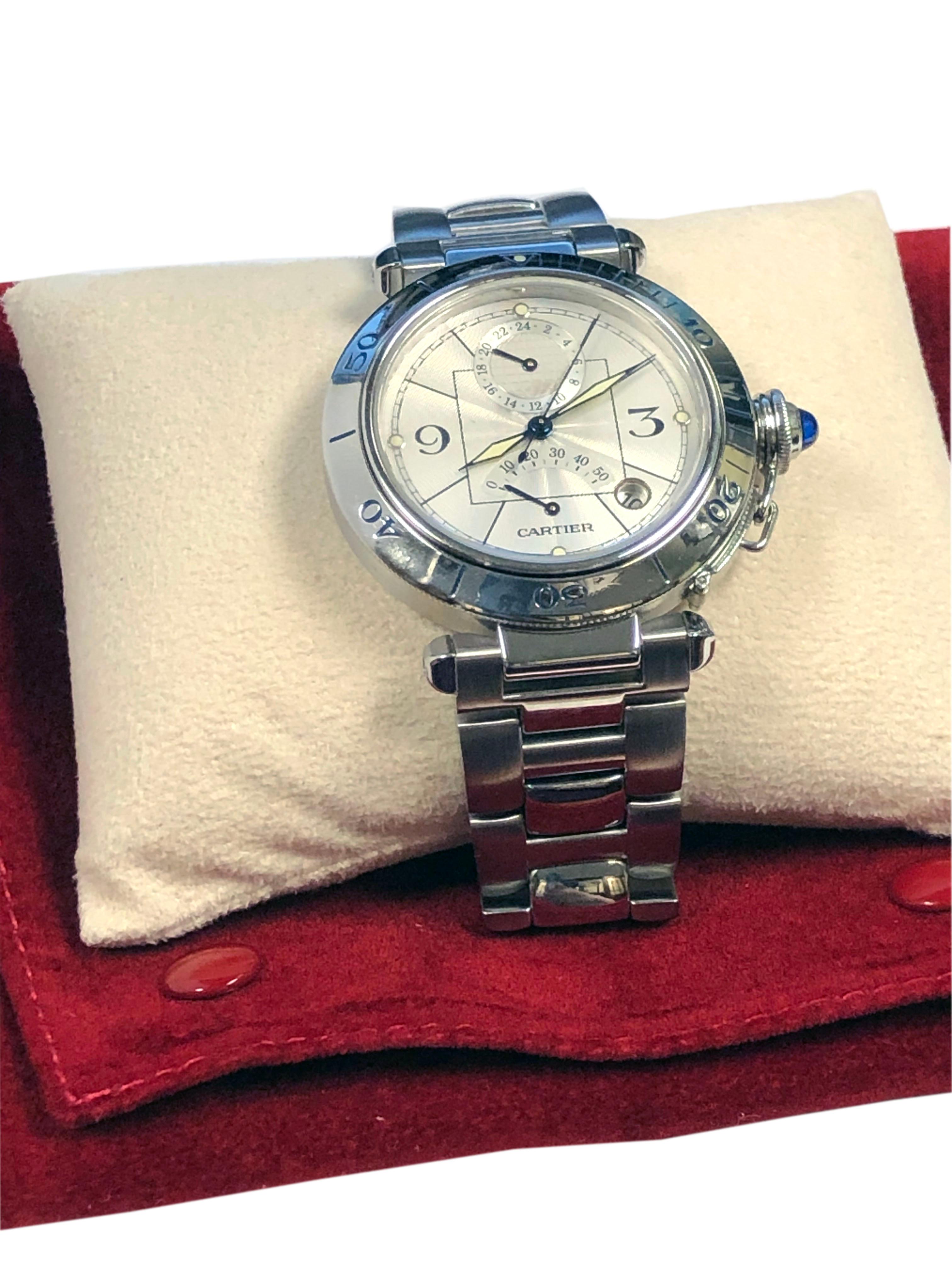 Women's or Men's Cartier Ref 2388 Automatic Power Reserve Calendar Steel Wrist Watch  For Sale