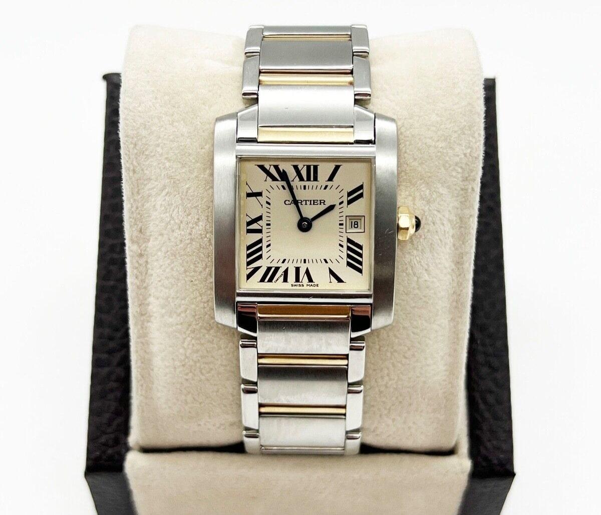 Cartier Ref 2465 Tank Française Midsize 18k Yellow Gold Stainless Steel For Sale 1