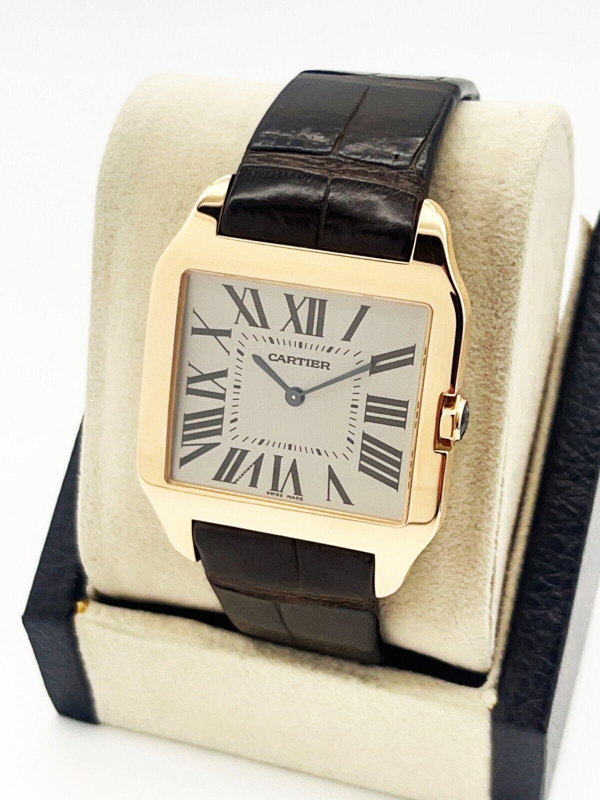 Style Number: 2650
 
Model: Santos Dumont
 
Case Material: 18K Rose Gold
 
Band: Brown Leather
 
Bezel: 18K Rose Gold
 
Face: Sapphire Crystal 
 
Case Size: 44.6mm x 34.6mm
 
Includes: 
-Elegant Watch Box
-Certified Appraisal 
-1 Year Warranty