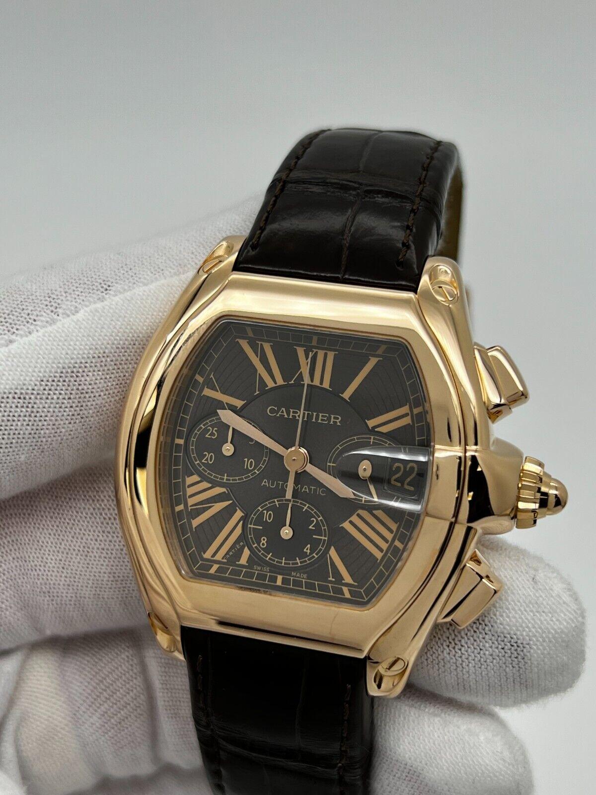 Cartier Ref 2848 Roadster Chronograph XL 18K Rose Gold Leather Strap Box Paper For Sale 7