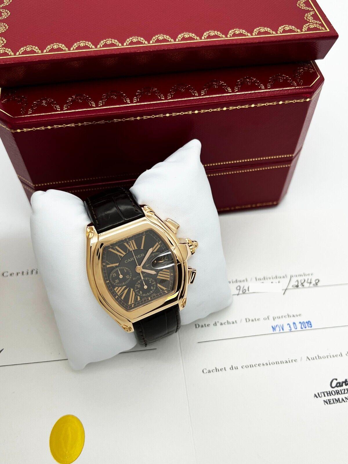 Style Number: Ref 2848

Year: 2019
 
Model: Roadster 
 
Case Material: 18K Rose Gold
 
Band: Leather 
 
Bezel:  18K Rose Gold 
 
Dial: Brown
 
Face: Sapphire Crystal
 
Case Size: 47mm x 43mm
 
Includes: 
-Cartier Box & Paper
-Certified Appraisal 
-1