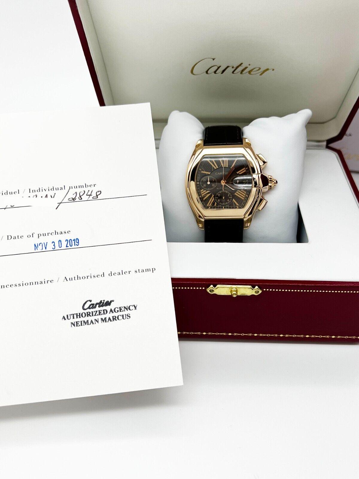 Cartier Ref 2848 Roadster Chronograph XL 18K Rose Gold Leather Strap Box Paper For Sale 4