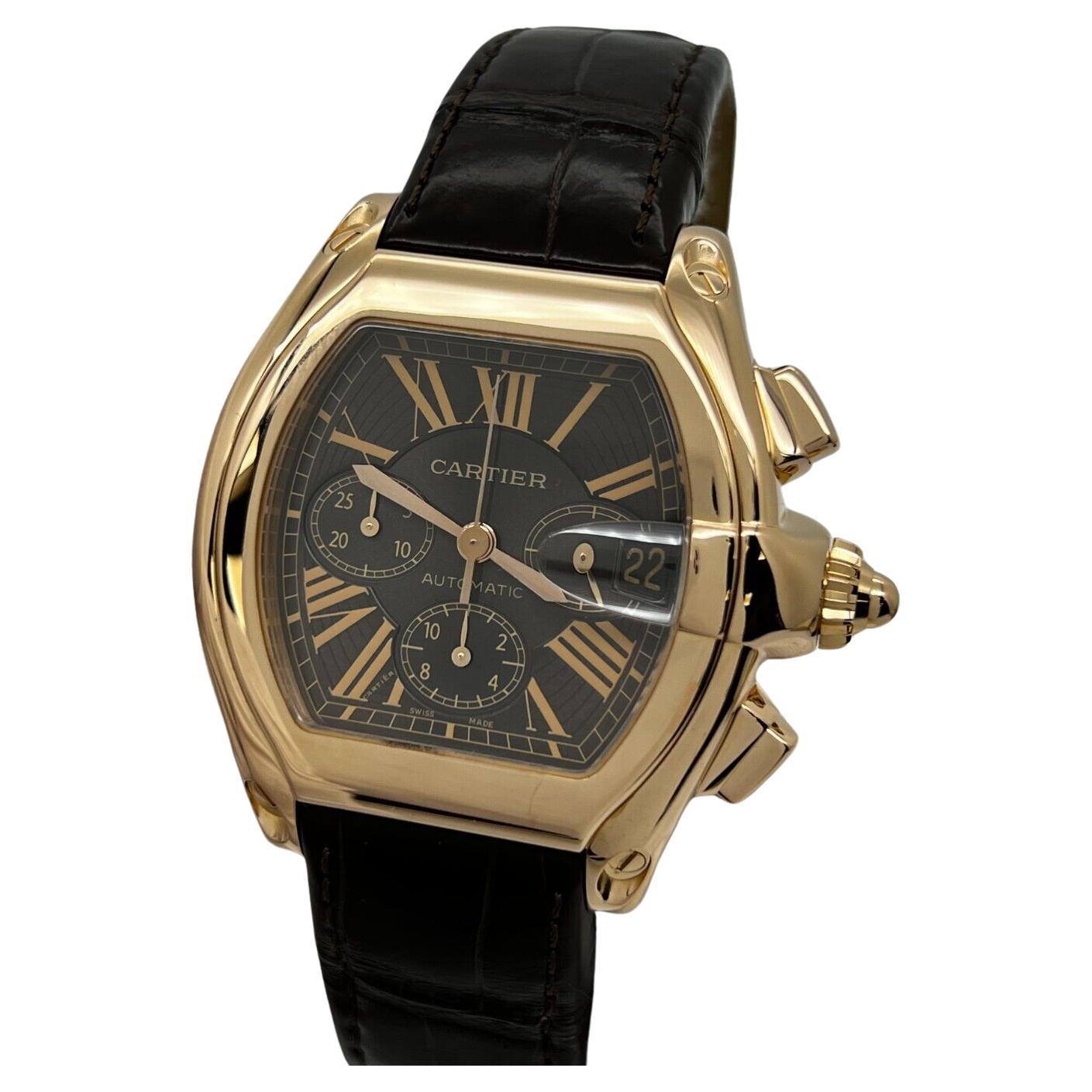 Cartier Ref 2848 Roadster Chronograph XL 18K Rose Gold Leather Strap Box Paper For Sale