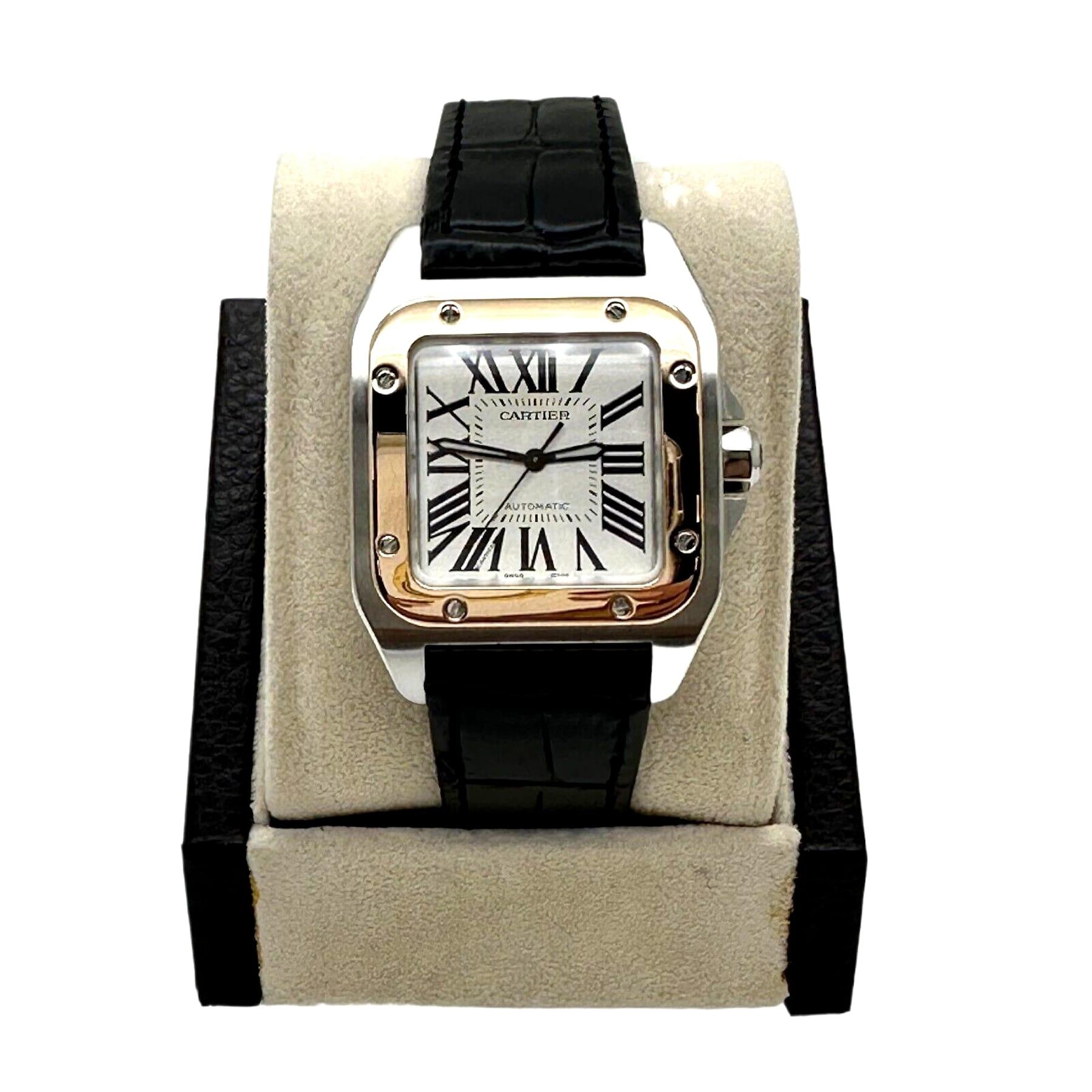 Style Number: Ref 2878

Model: Santos 100

case Material: Stainless Steel 

Band: Custom Black Leather Strap 

Bezel:  18K Rose Gold

Dial: Silver Guilloche Dial 

Face: Sapphire Crystal 

Case Size: 33mm 
 
Includes: 

-Elegant Watch