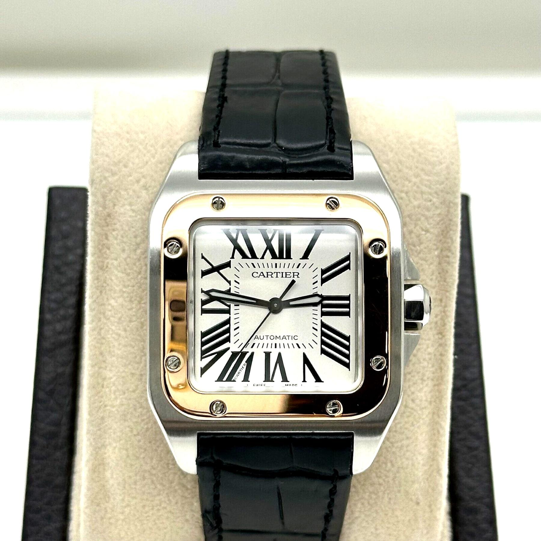 Cartier Ref 2878 Santos 100 18K Rose Gold Stainless Steel Leather Strap In Excellent Condition For Sale In San Diego, CA