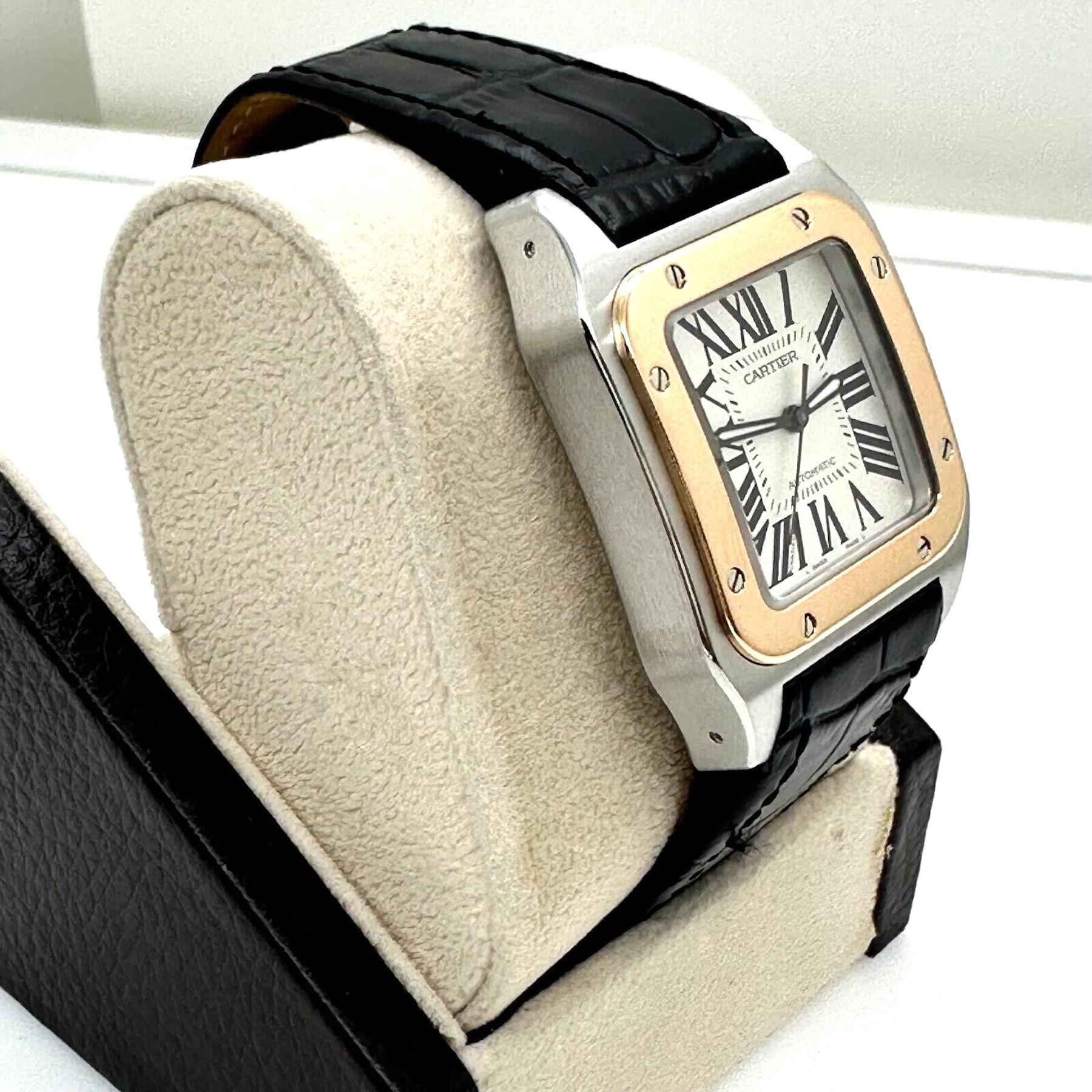 Cartier Ref 2878 Santos 100 18K Rose Gold Stainless Steel Leather Strap In Excellent Condition For Sale In San Diego, CA