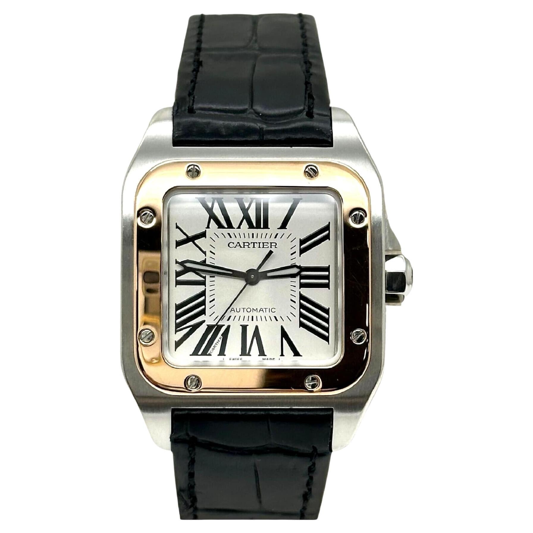 Cartier Ref 2878 Santos 100 18K Rose Gold Stainless Steel Leather Strap