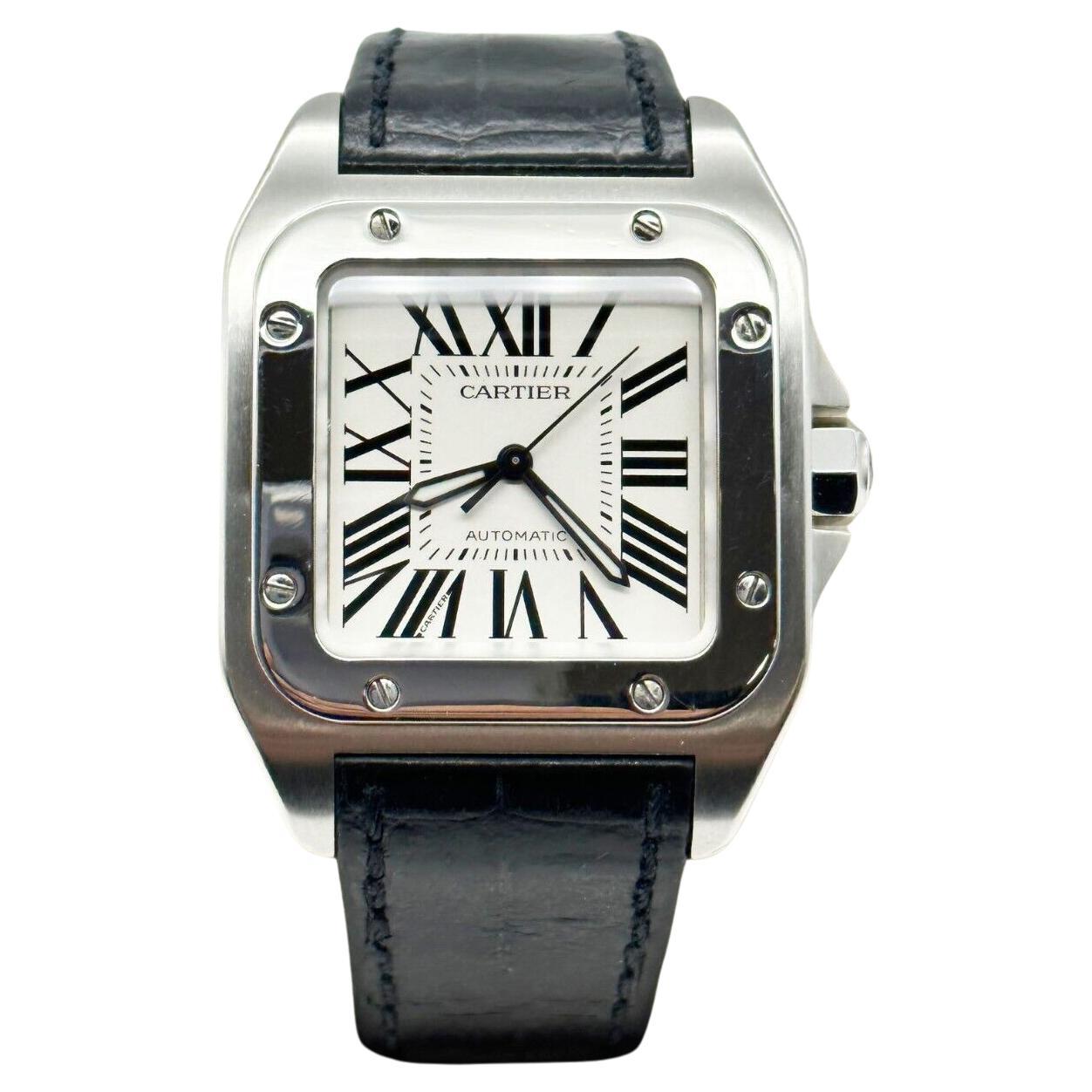 Cartier Ref 2878 Santos 100 Midsize Stainless Steel Leather Strap Box and Papers For Sale
