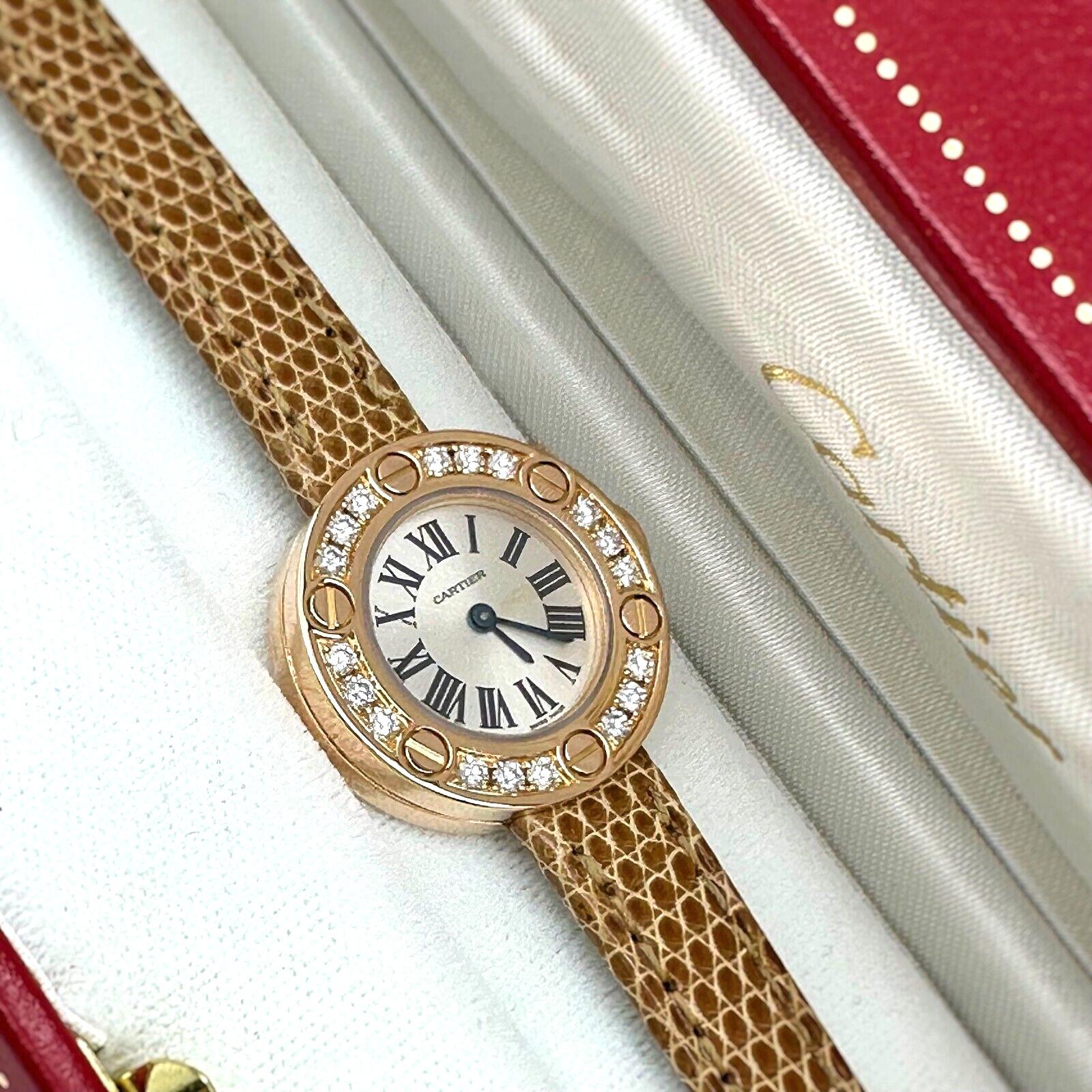 Round Cut Cartier Ref 2977 Ladies Love Diamond Bezel 18K Rose Gold Leather Strap Box For Sale