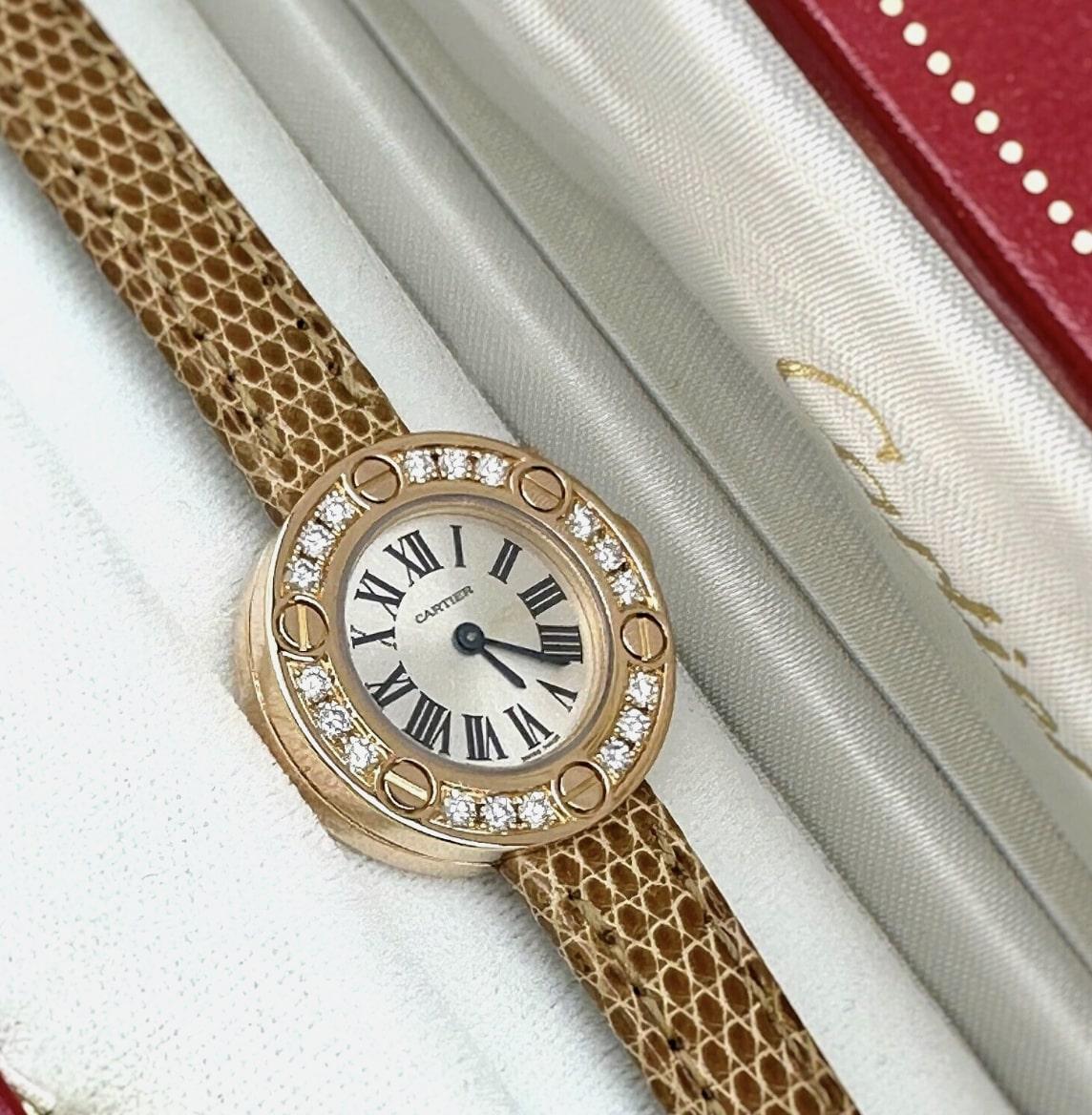 Cartier Ref 2977 Ladies Love Diamond Bezel 18K Rose Gold Leather Strap Box For Sale 3