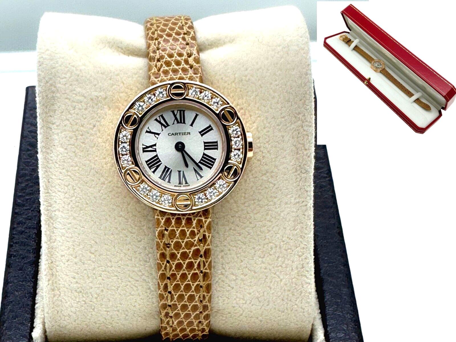 Cartier Ref 2977 Ladies Love Diamond Bezel 18K Rose Gold Leather Strap Box For Sale 2